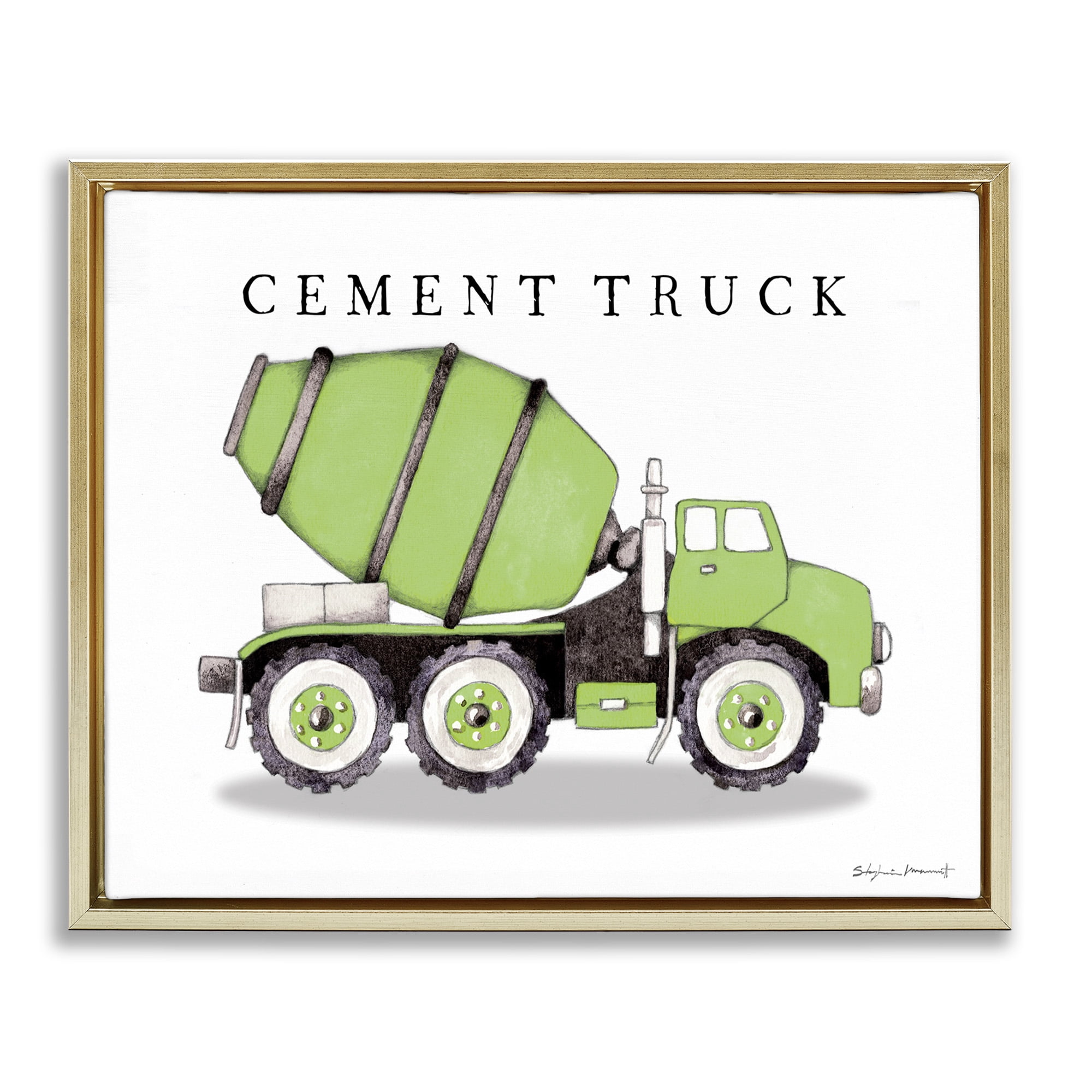Stupell Industries Green Cement Truck Construction Art for Kids Painting Gold Floater Framed Canvas Art Print Wall Art, 21 x 17