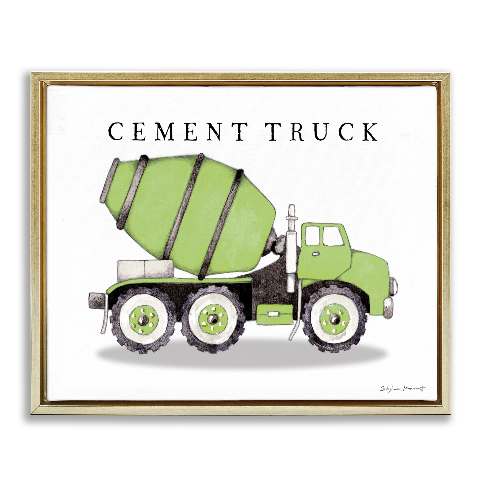 Stupell Industries Green Cement Truck Construction Art for Kids Painting Gold Floater Framed Canvas Art Print Wall Art, 31 x 25
