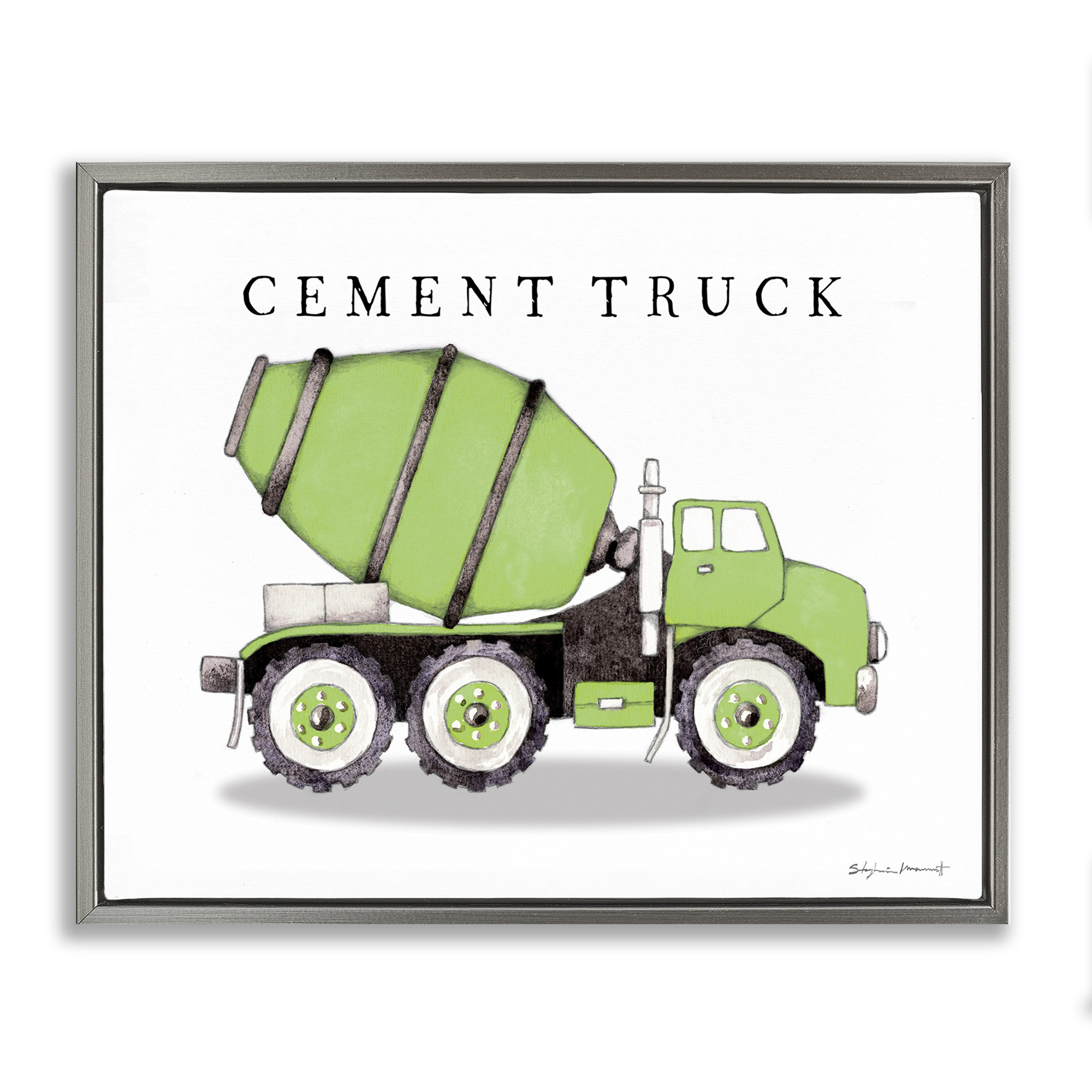 Stupell Industries Green Cement Truck Construction Art for Kids Painting Gray Floater Framed Canvas Art Print Wall Art, 21 x 17