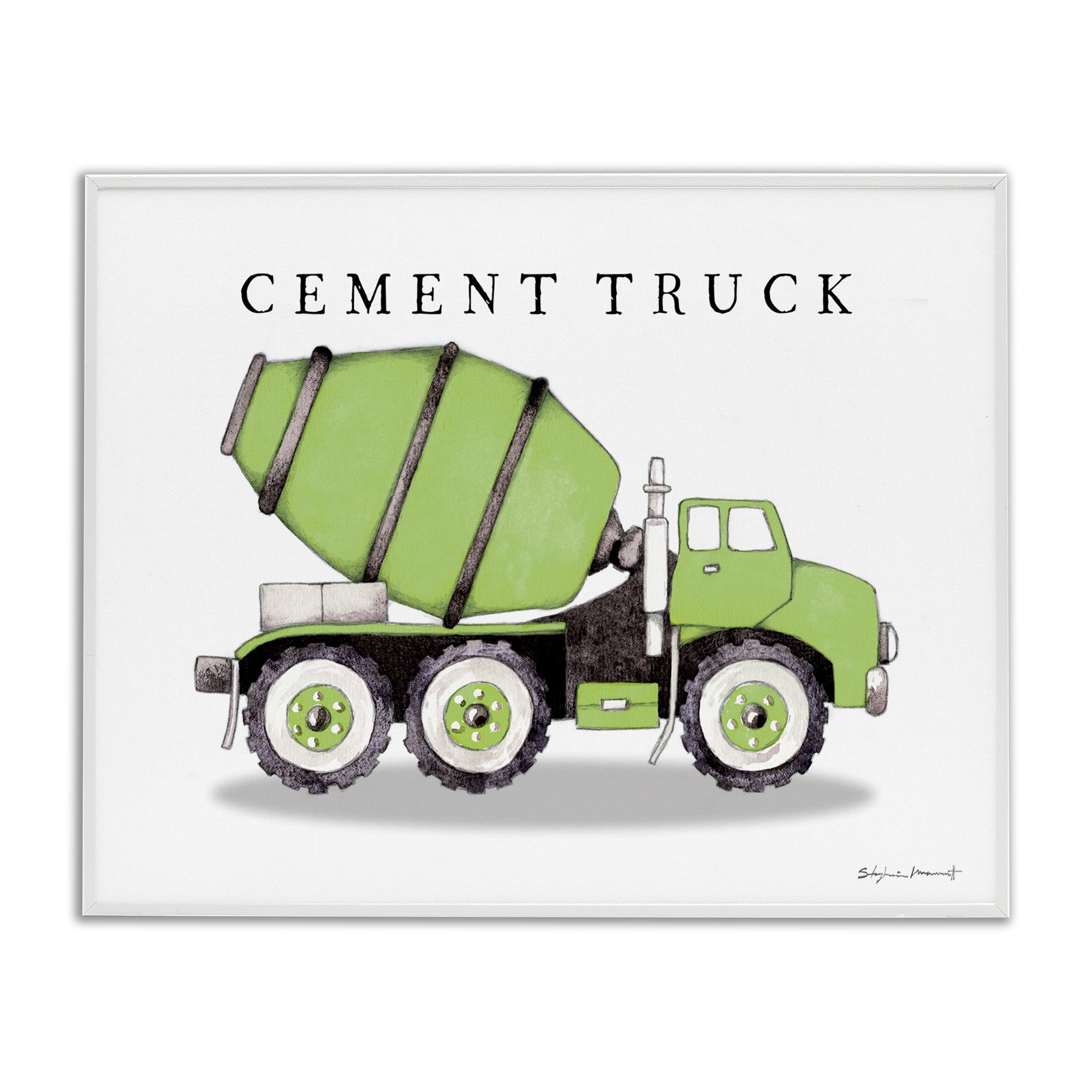 Stupell Industries Green Cement Truck Construction Art for Kids Painting White Framed Art Print Wall Art, 14 x 11