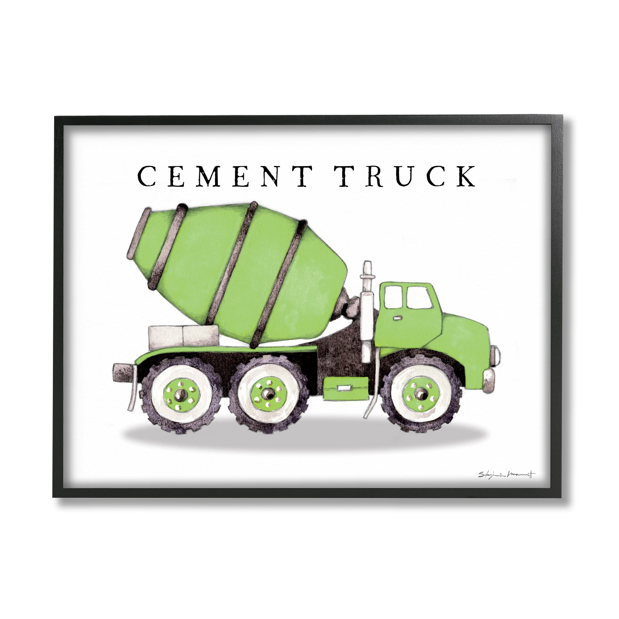 Stupell Industries Green Cement Truck Mixer Classic Construction Vehicle Transportation Painting Black Framed Art Print Wall Art, 24 x 30