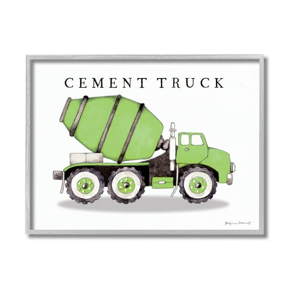 Stupell Industries Green Cement Truck Mixer Classic Construction Vehicle Transportation Painting Gray Framed Art Print Wall Art, 11 x 14