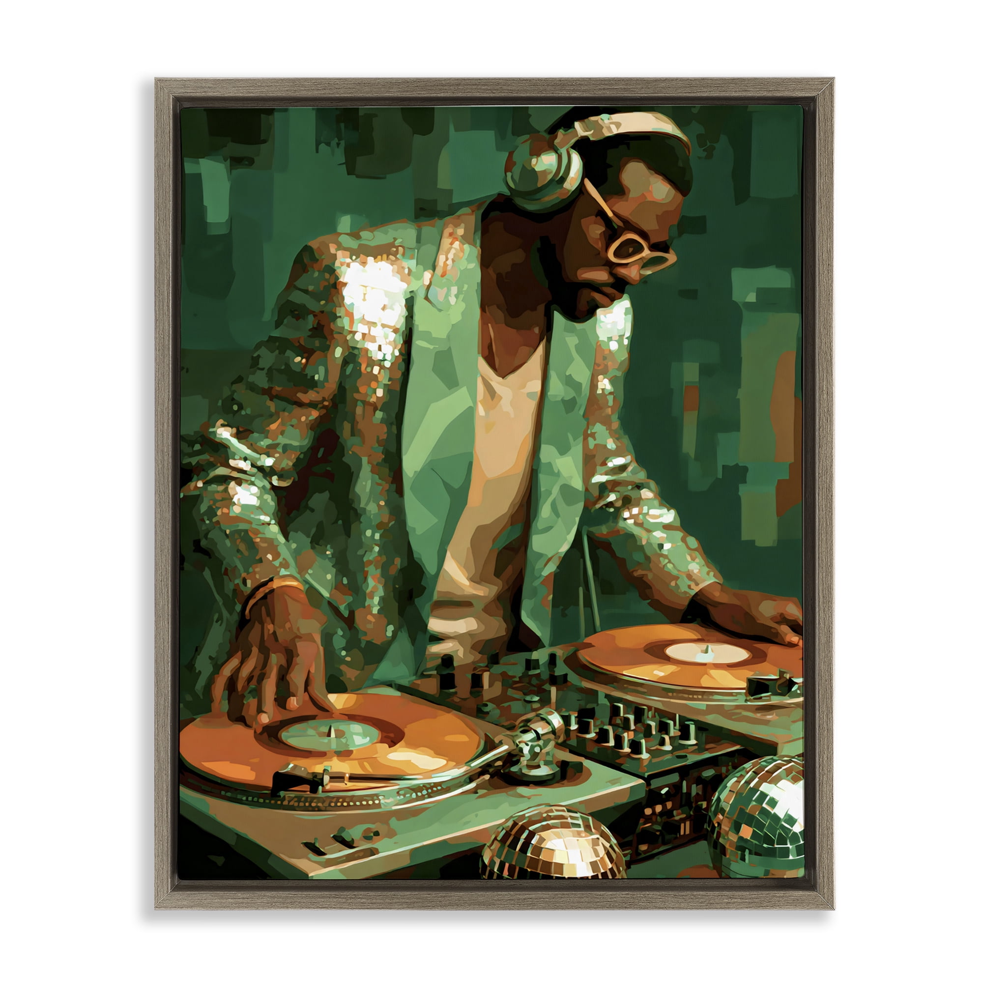 Stupell Industries Green Disco DJ Music Brown Framed Floater Canvas Wall Art, design by Franklyn Gregory
