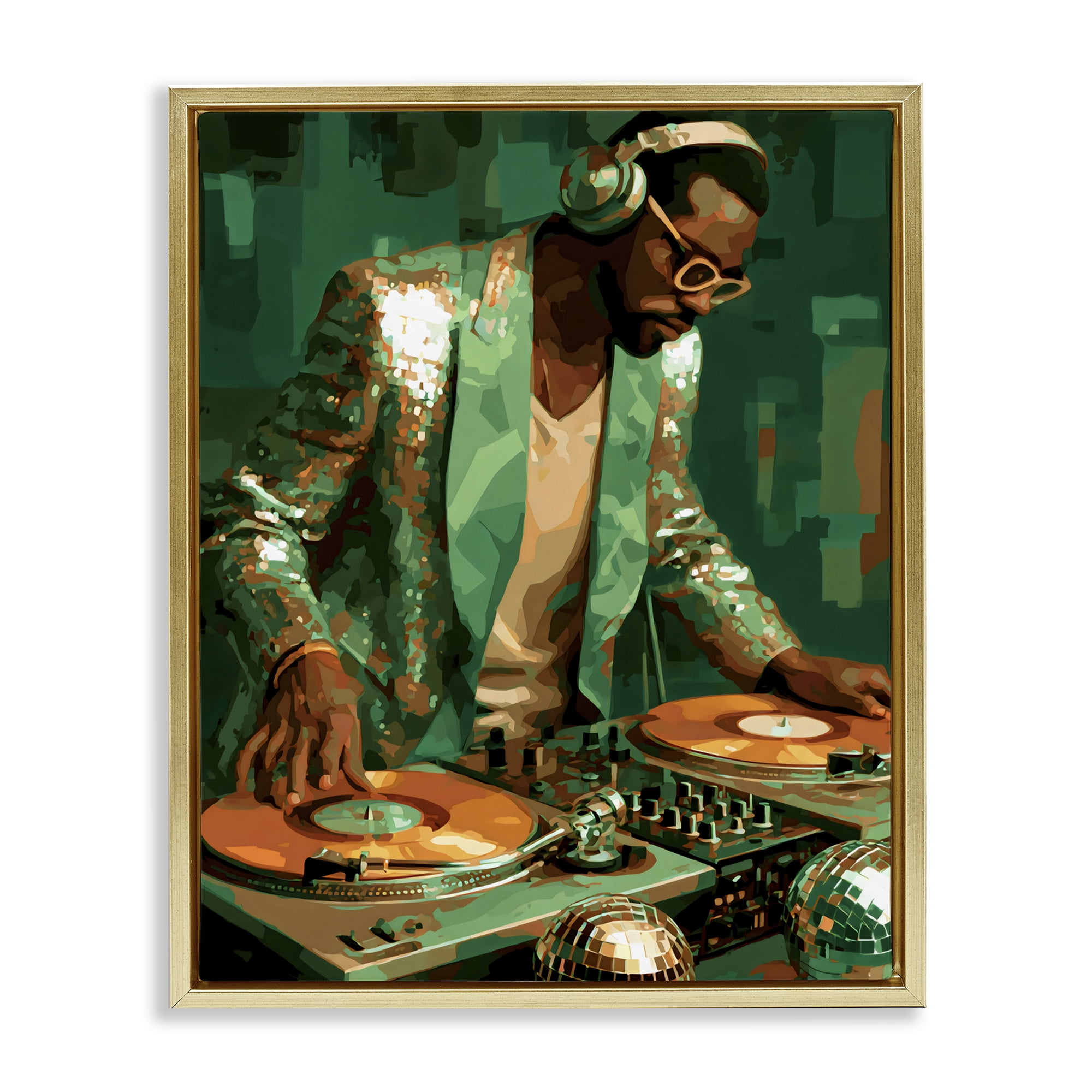 Stupell Industries Green Disco DJ Music Gold Framed Floater Canvas Wall Art, design by Franklyn Gregory