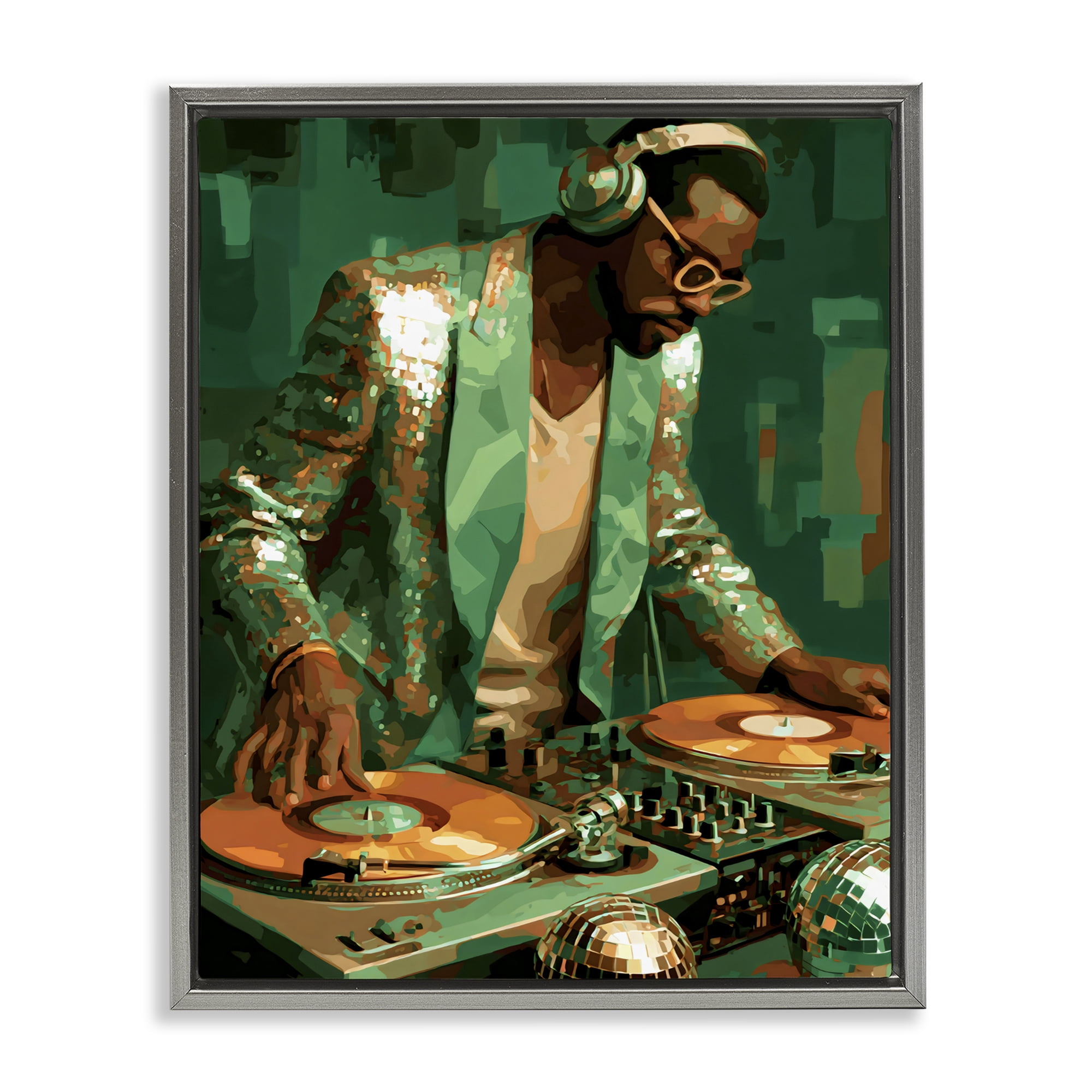 Stupell Industries Green Disco DJ Music Gray Framed Floater Canvas Wall Art, design by Franklyn Gregory