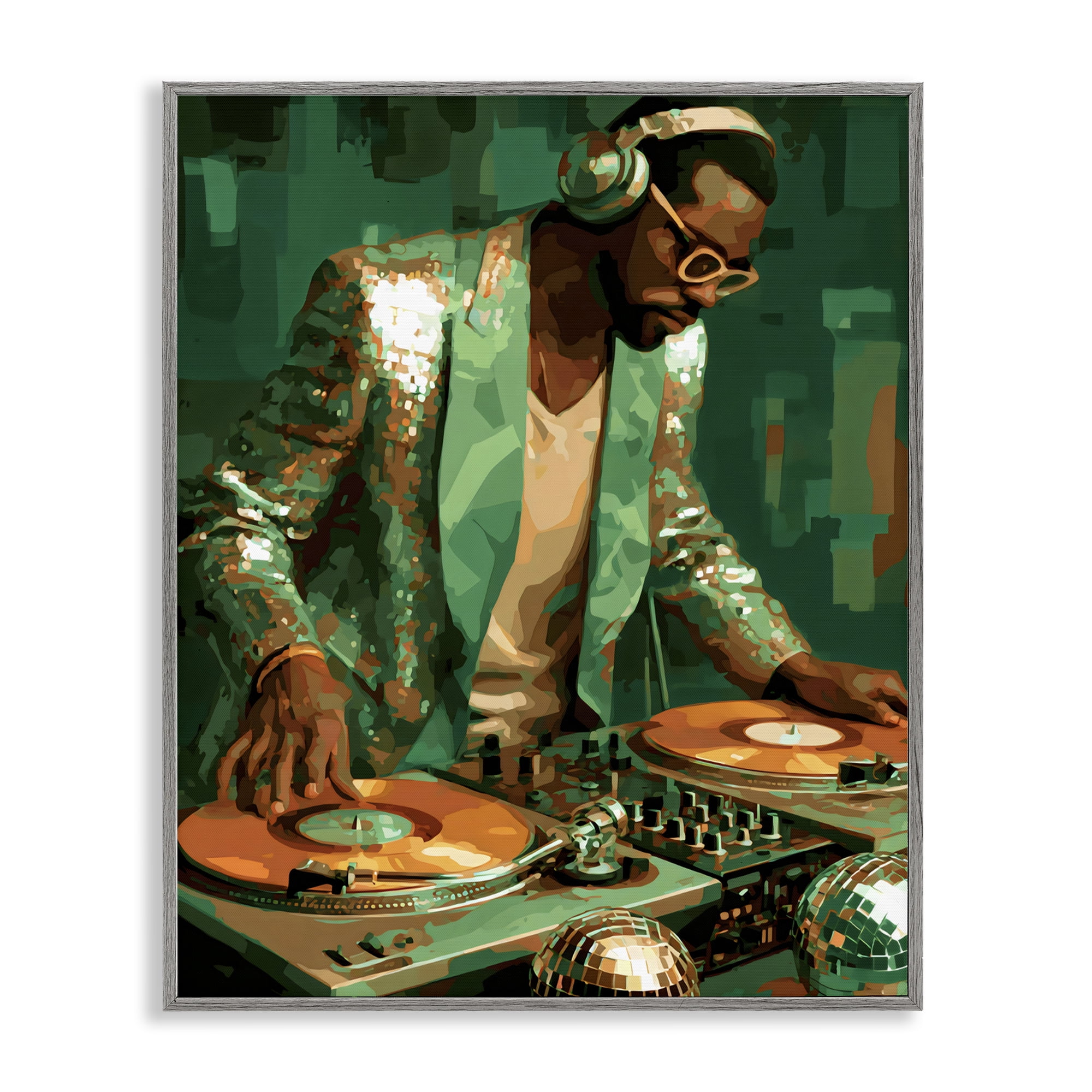 Stupell Industries Green Disco DJ Music Gray Framed Giclee Art, design by Franklyn Gregory