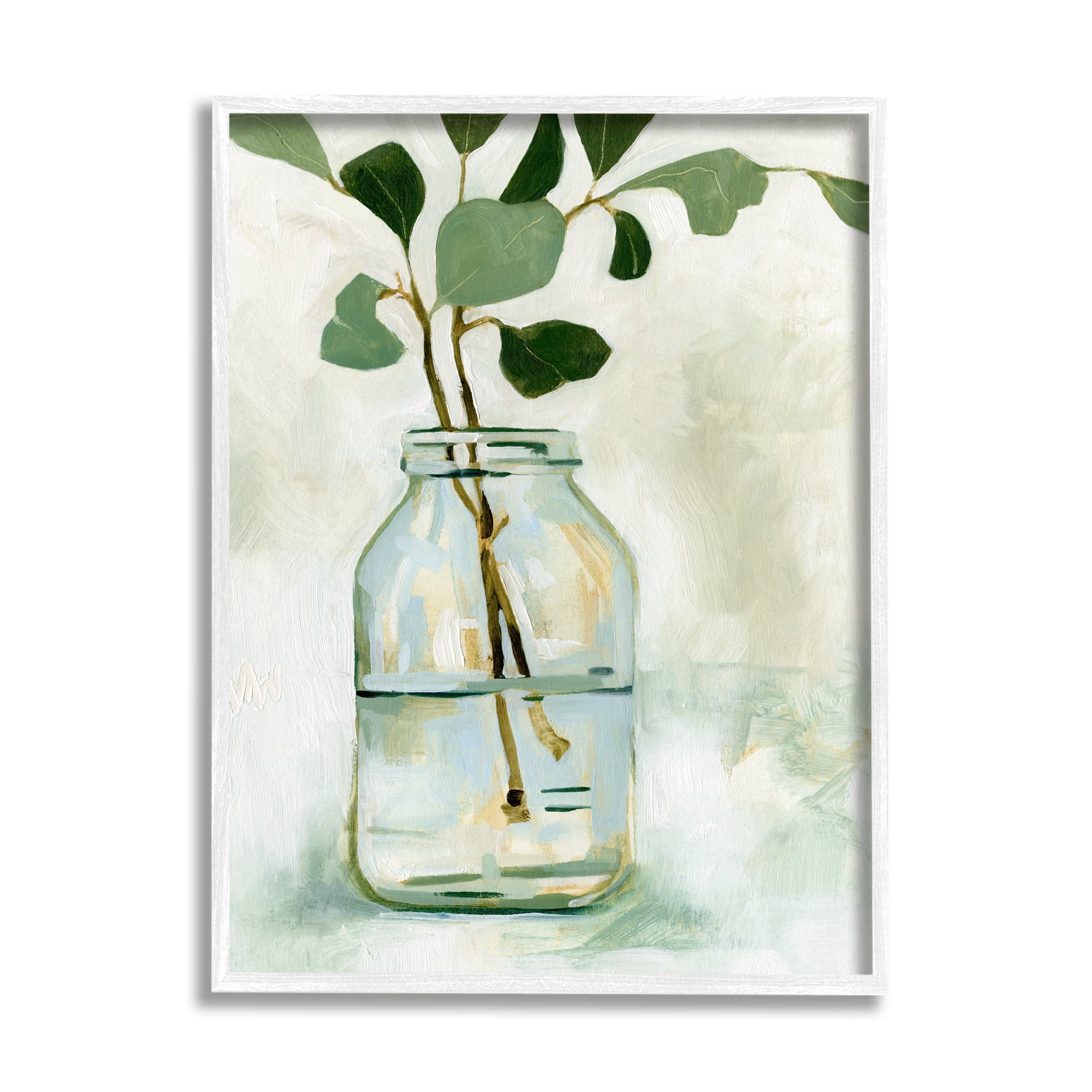 Stupell Industries Green Eucalyptus Branch Glass Jar Contemporary Still Life Farmhouse Painting White Framed Art Print Wall Art, 11 x 14, Design by Emma Caroline