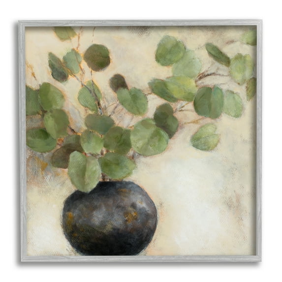 Stupell Industries Green Eucalyptus Leaves Potted Plant Artistic Brushstrokes Painting Gray Framed Art Print Wall Art, Design by Lanie Loreth