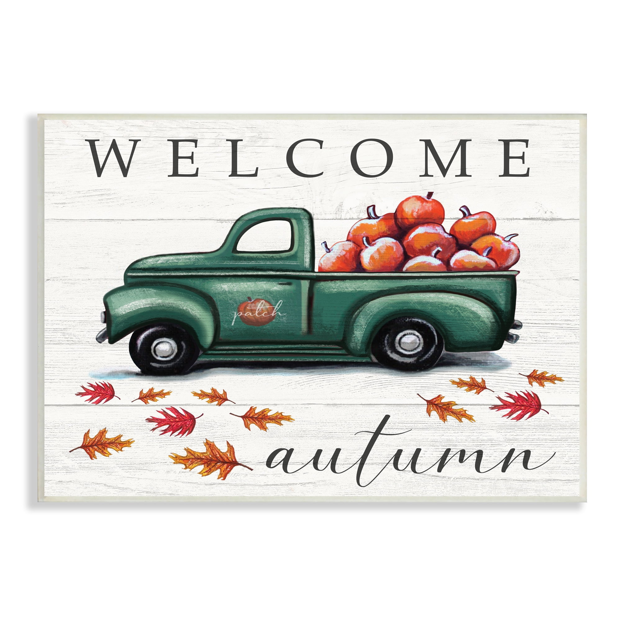 Stupell Industries Green Farm Truck Autumn Apple Harvest Welcome Sign, 13 x 19, Designed by Elizabeth Tyndall