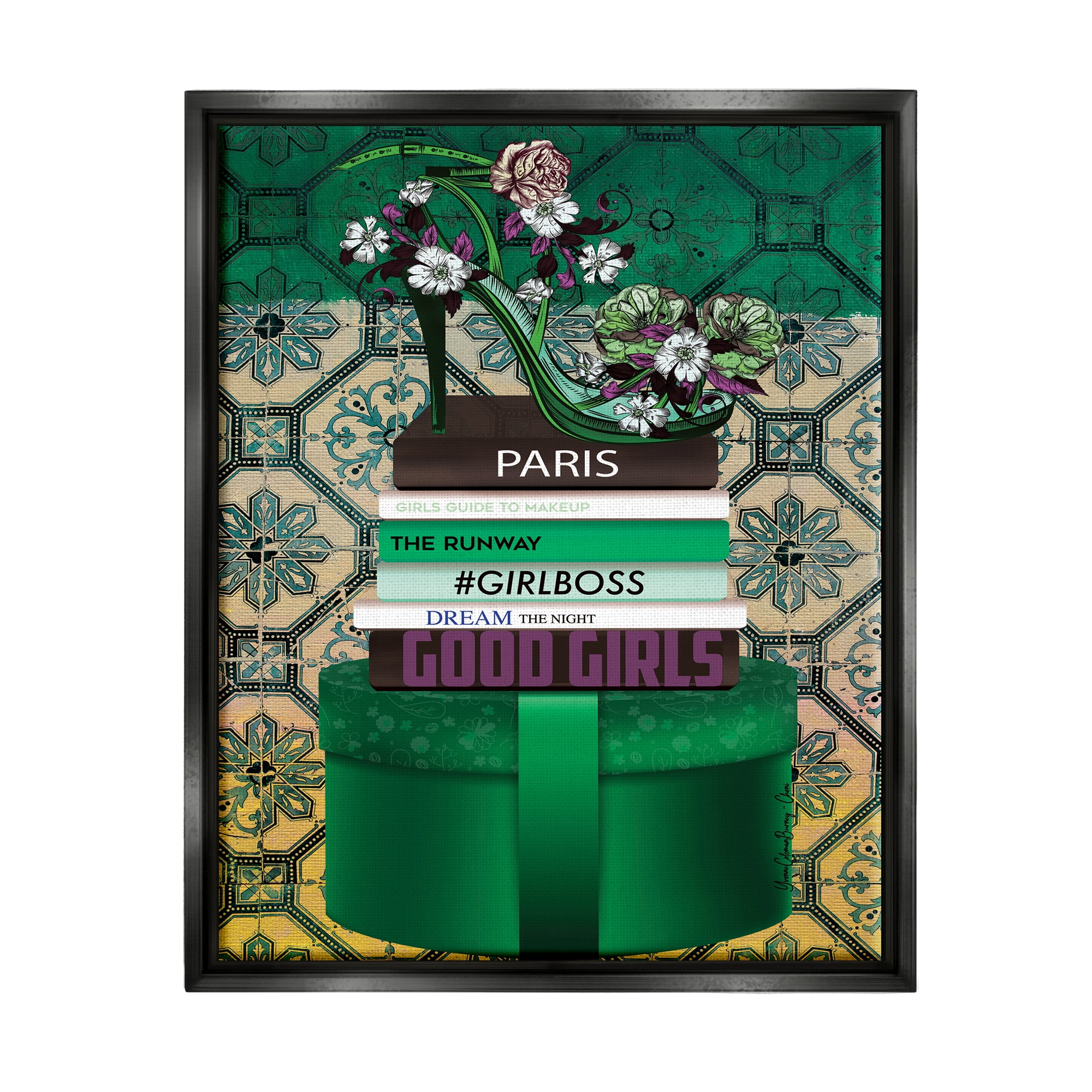 Stupell Industries Green Fashion Books Botanical & Floral Painting Black Floater Framed Art Print Wall Art, 25 x 31