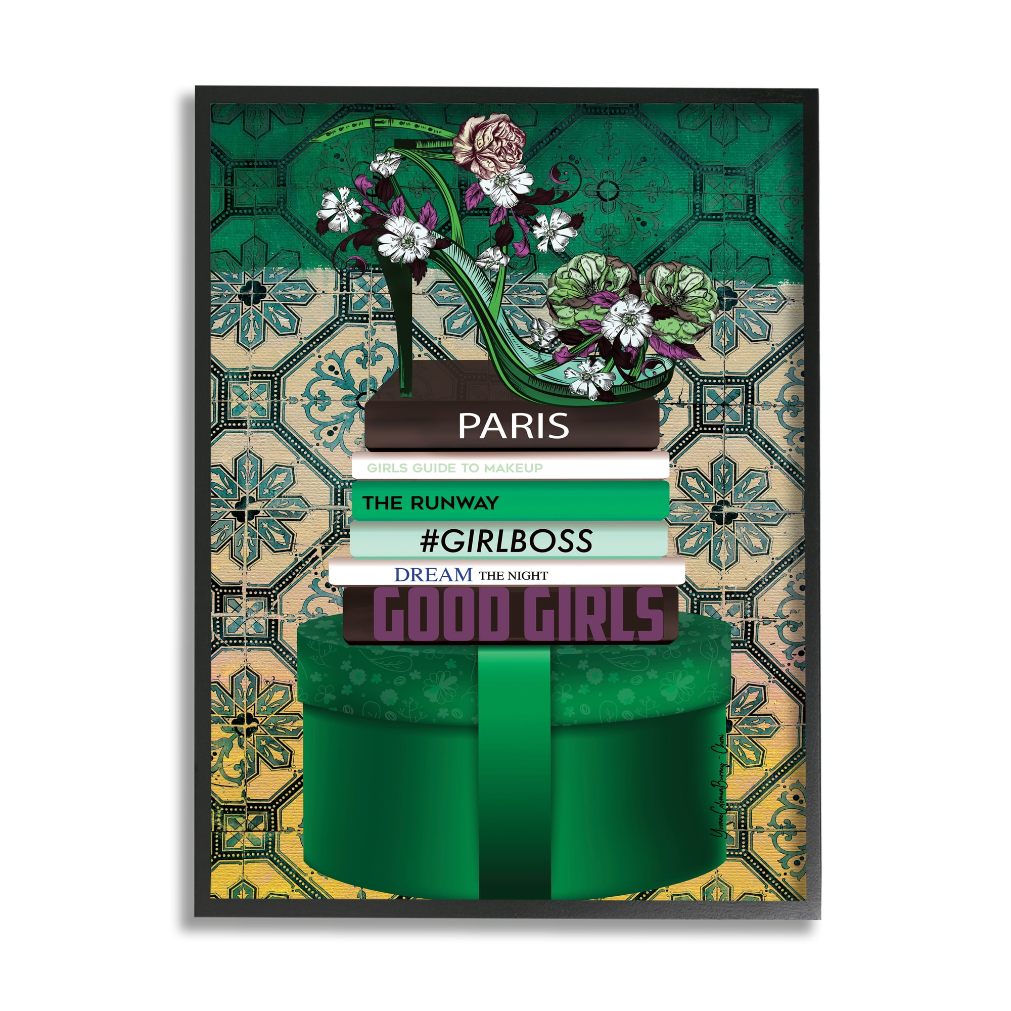 Stupell Industries Green Fashion Books Botanical & Floral Painting Black Framed Art Print Wall Art, 11 x 14