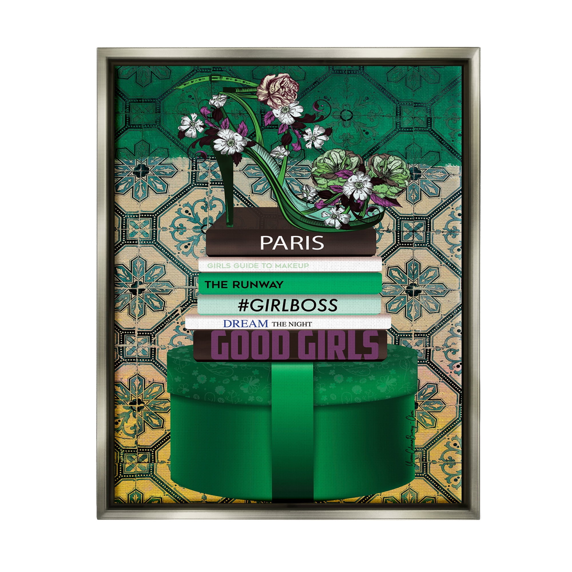 Stupell Industries Green Fashion Books Botanical & Floral Painting Gray Floater Framed Art Print Wall Art, 17 x 21