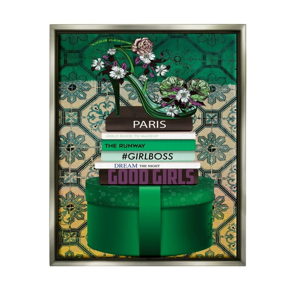 Stupell Industries Green Fashion Books Botanical & Floral Painting Gray Floater Framed Art Print Wall Art, 17 x 21