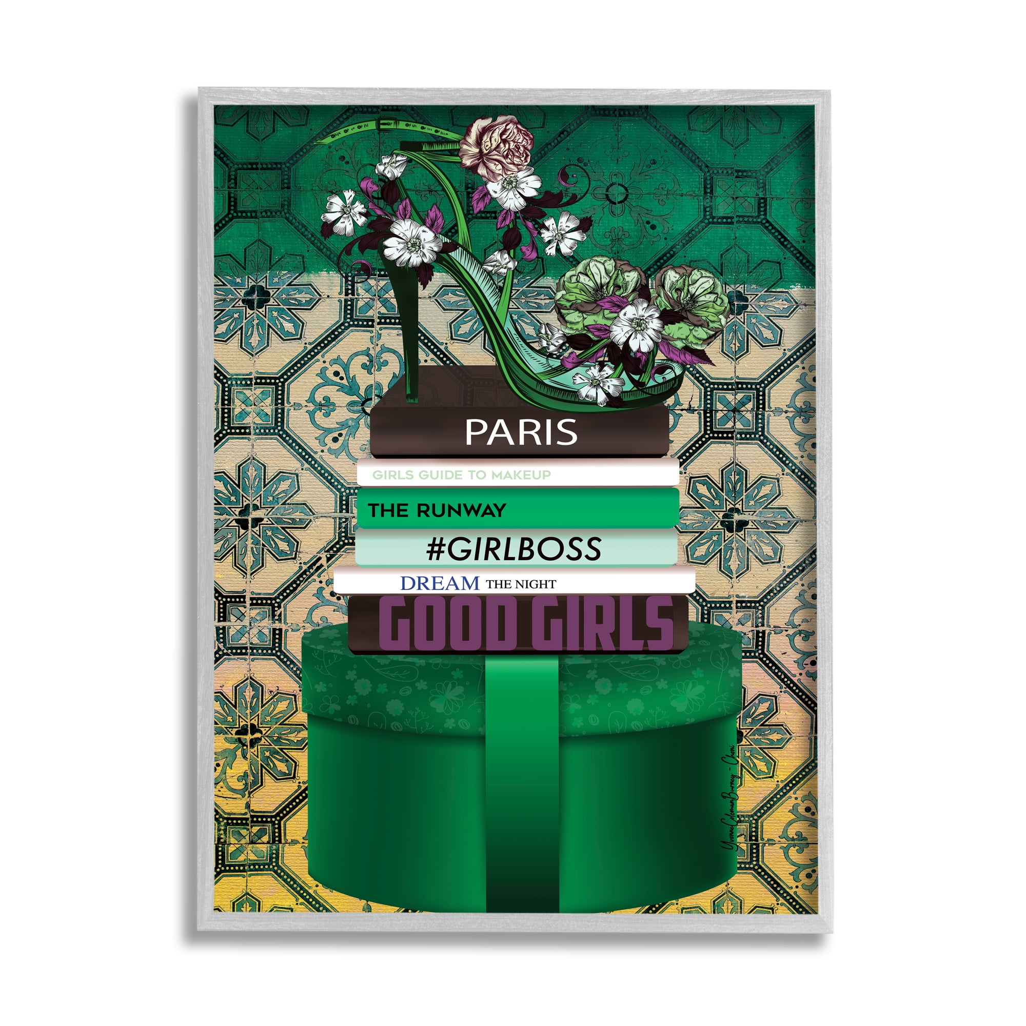 Stupell Industries Green Fashion Books Botanical & Floral Painting Gray Framed Art Print Wall Art, 11 x 14