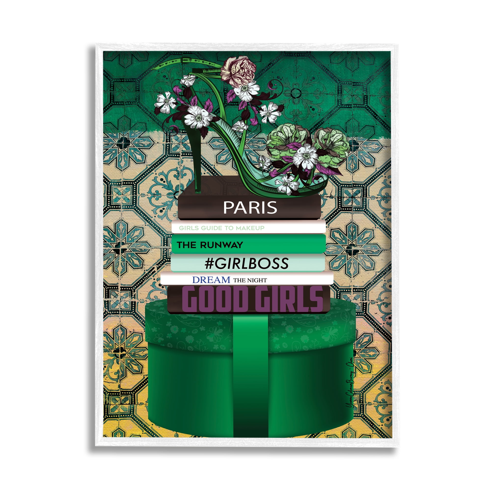 Stupell Industries Green Fashion Books Botanical & Floral Painting White Framed Art Print Wall Art, 11 x 14