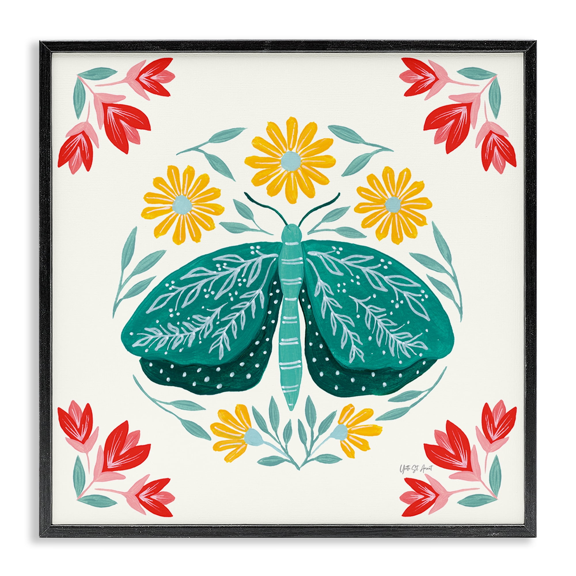 Stupell Industries Green Folk Butterfly Insects Painting Black Framed Art Print Wall Art, 17 x 17