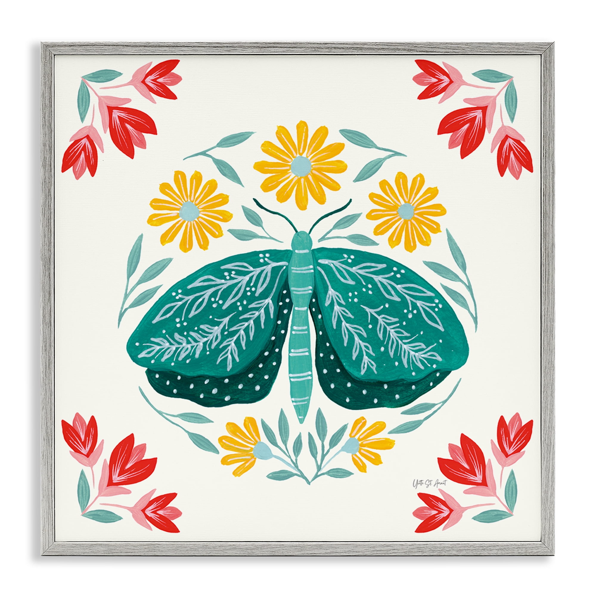 Stupell Industries Green Folk Butterfly Insects Painting Gray Framed Art Print Wall Art, 12 x 12