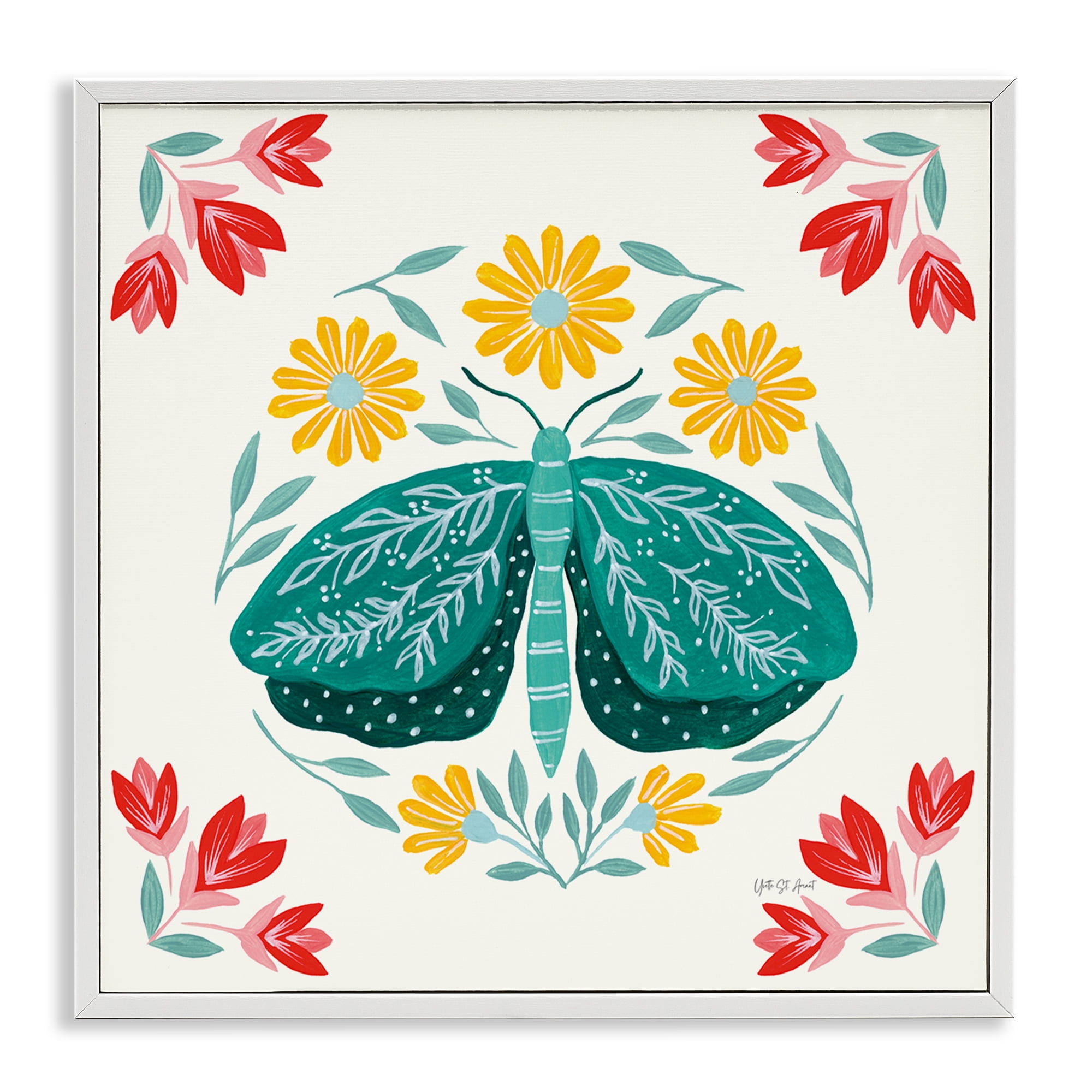 Stupell Industries Green Folk Butterfly Insects Painting White Framed Art Print Wall Art, 24 x 24