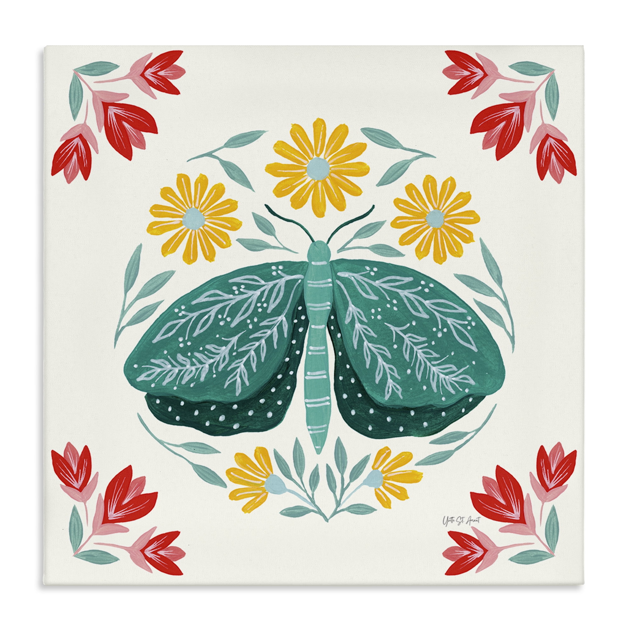 Stupell Industries Green Folk Butterfly Insects Painting Wrapped Canvas Art Print Wall Art, 30 x 30