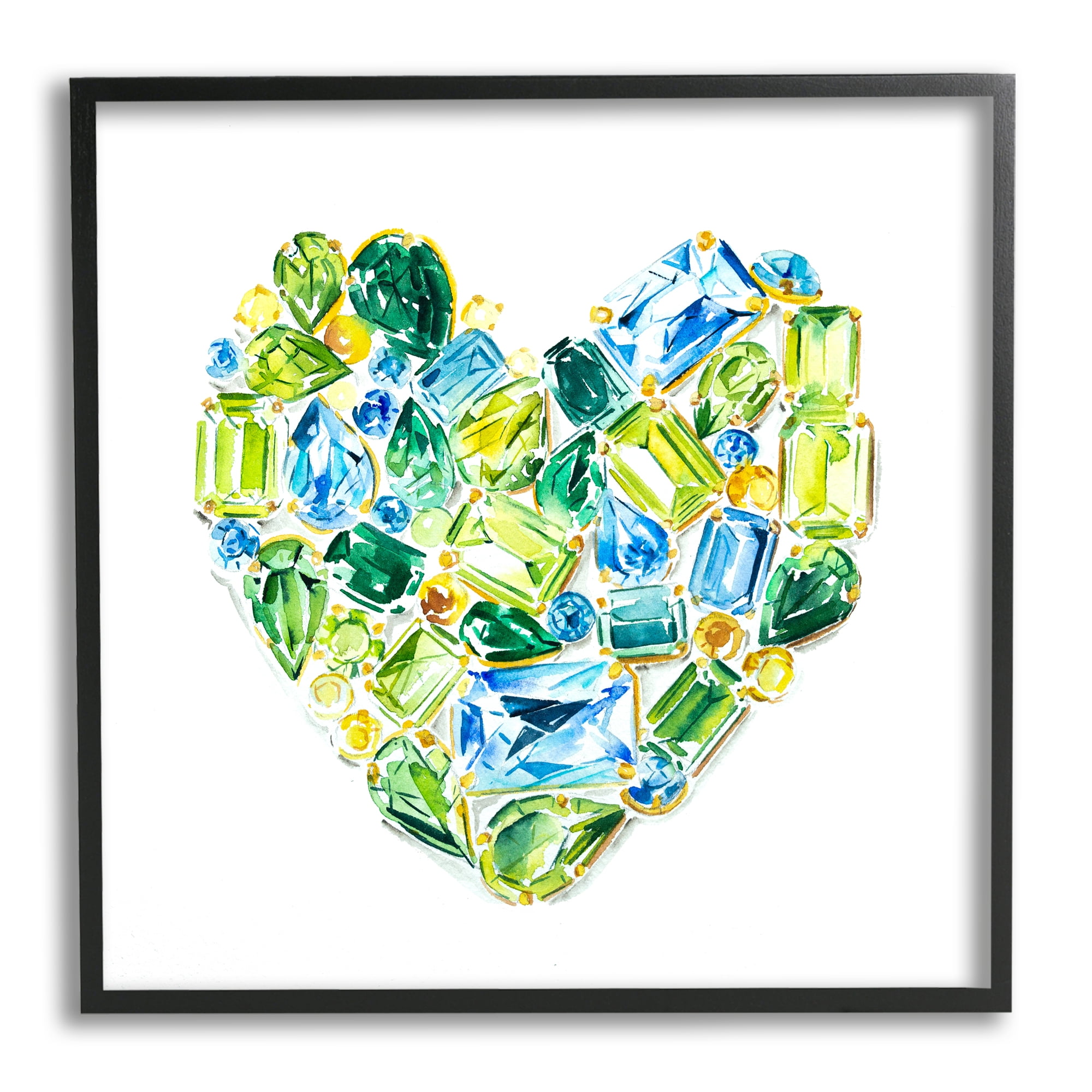 Stupell Industries Green Gemstones Heart Abstract Painting Black Framed Art Print Wall Art, 12 x 12