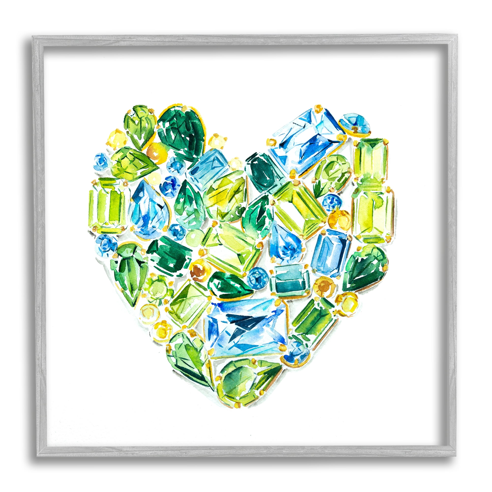 Stupell Industries Green Gemstones Heart Abstract Painting Gray Framed Art Print Wall Art, 12 x 12