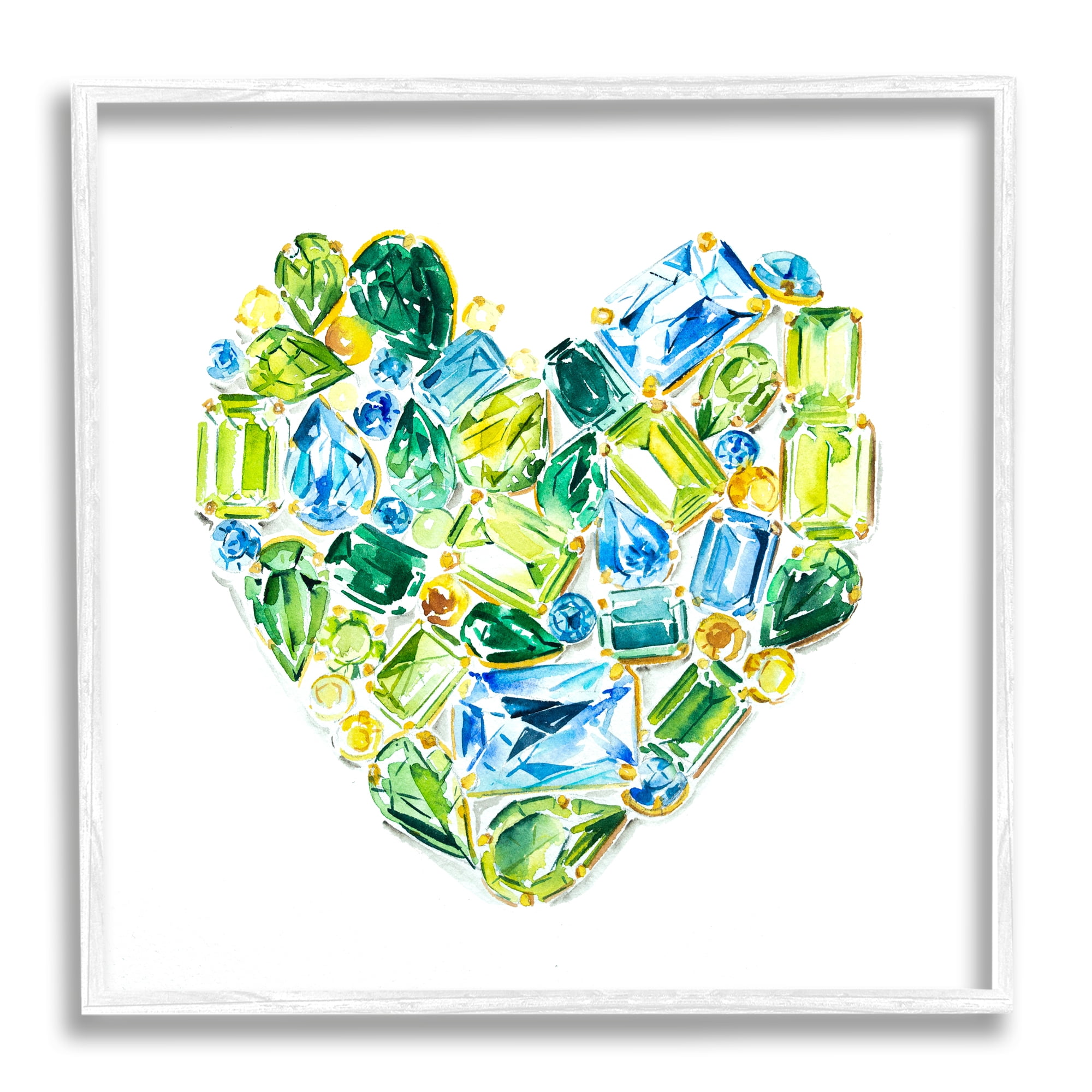 Stupell Industries Green Gemstones Heart Abstract Painting White Framed Art Print Wall Art, 24 x 24