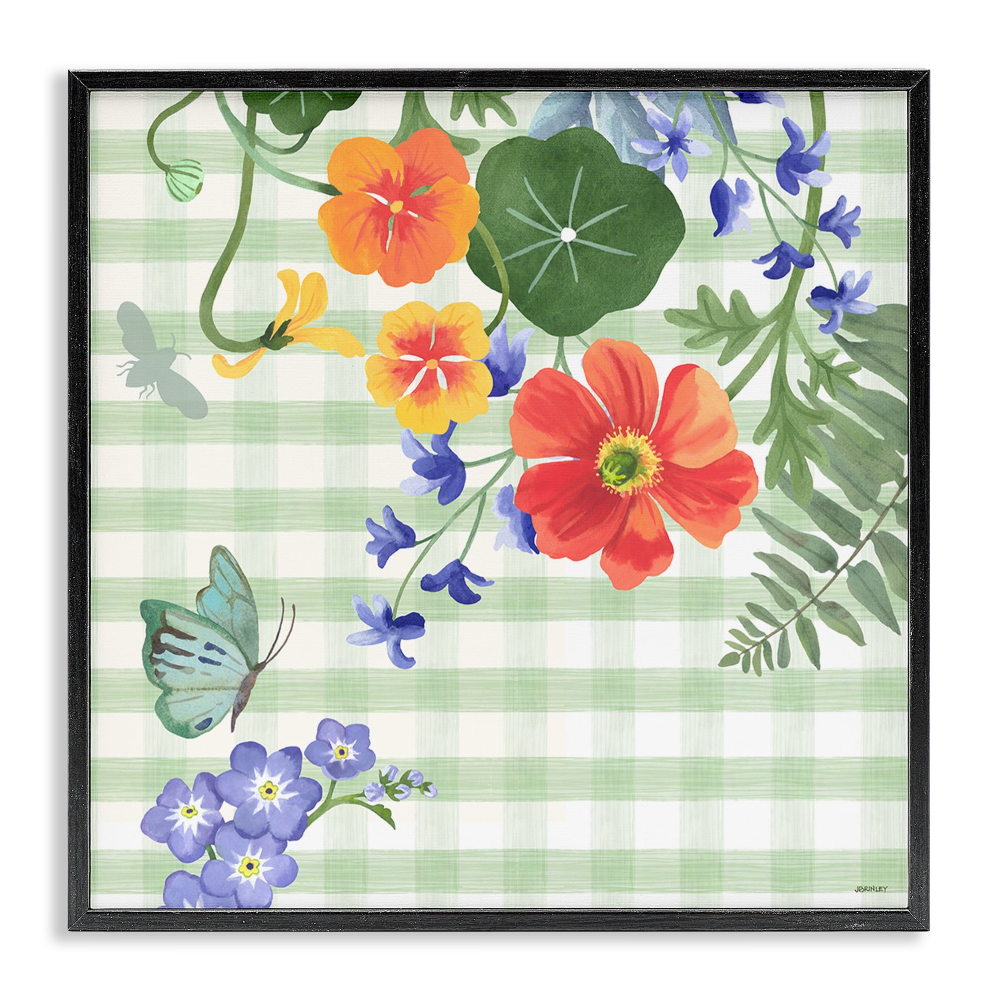 Stupell Industries Green Gingham & Poppies Botanical & Floral Painting Black Framed Art Print Wall Art, 24 x 24