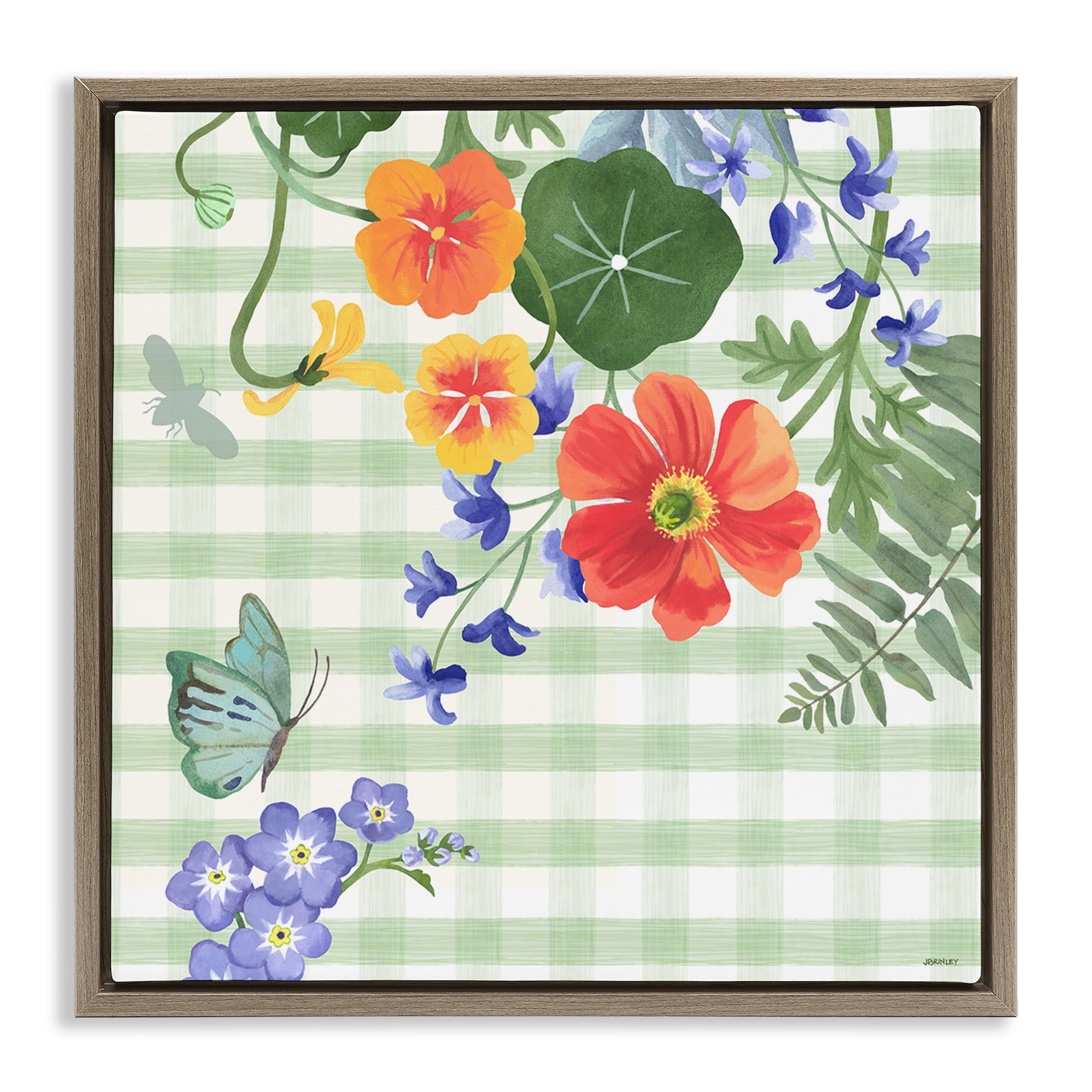 Stupell Industries Green Gingham & Poppies Botanical & Floral Painting Brown Floater Framed Canvas Art Print Wall Art, 25 x 25