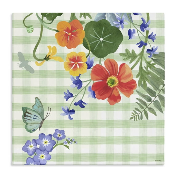 Stupell Industries Green Gingham & Poppies Botanical & Floral Painting Gallery Wrapped Canvas Art Print Wall Art, 17 x 17