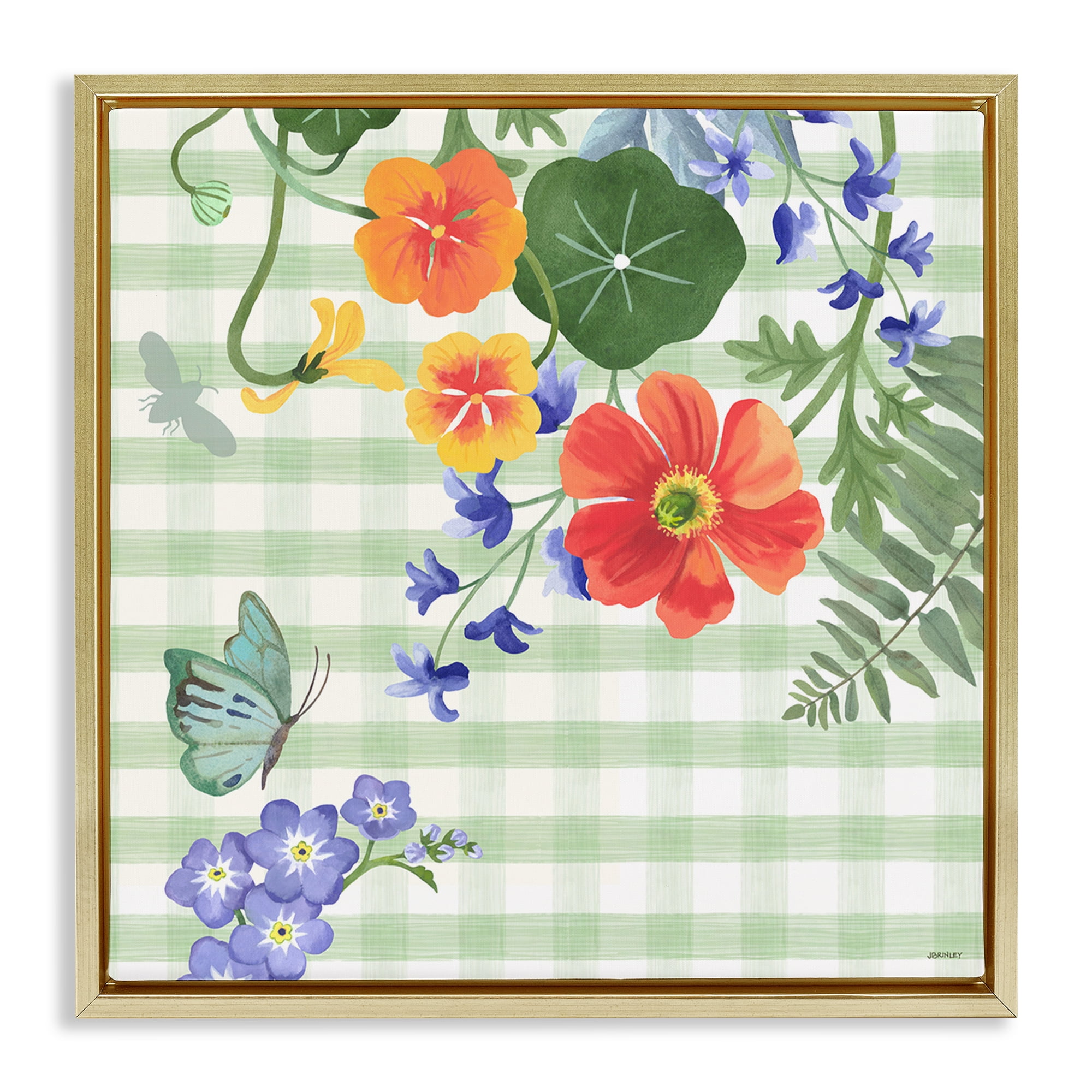 Stupell Industries Green Gingham & Poppies Botanical & Floral Painting Gold Floater Framed Canvas Art Print Wall Art, 18 x 18