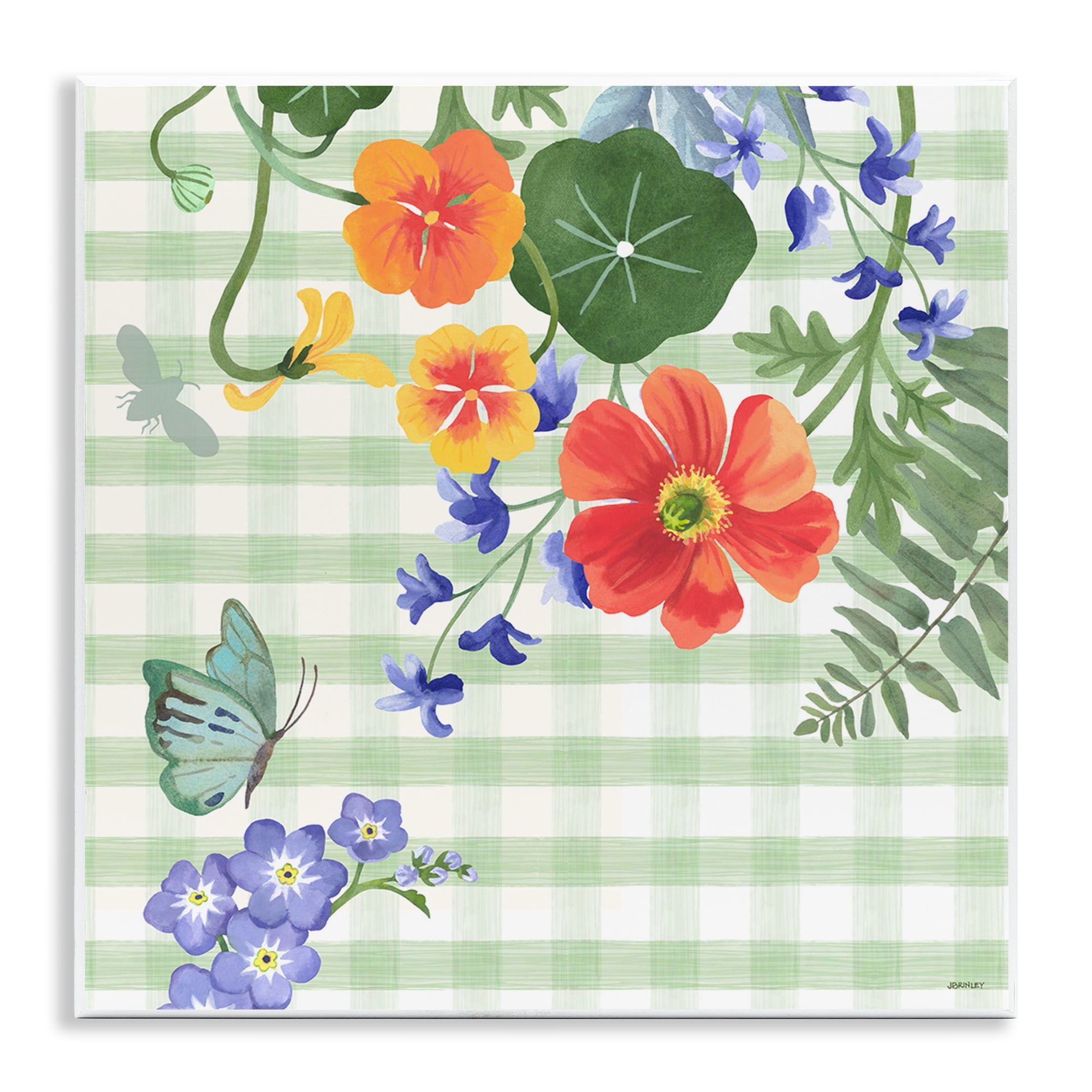 Stupell Industries Green Gingham & Poppies Botanical & Floral Painting Unframed Art Print Wall Art, 12 x 12
