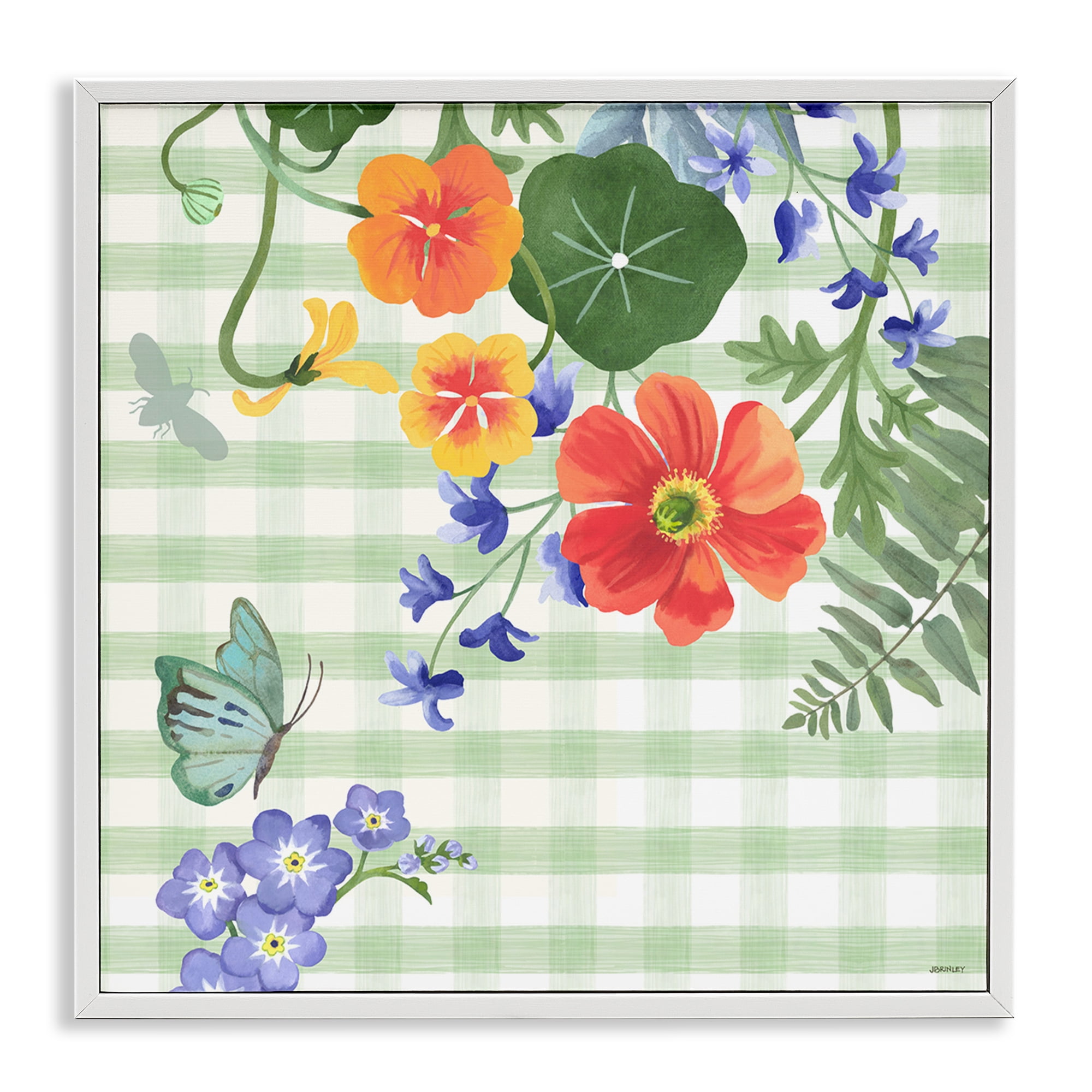 Stupell Industries Green Gingham & Poppies Botanical & Floral Painting White Framed Art Print Wall Art, 24 x 24
