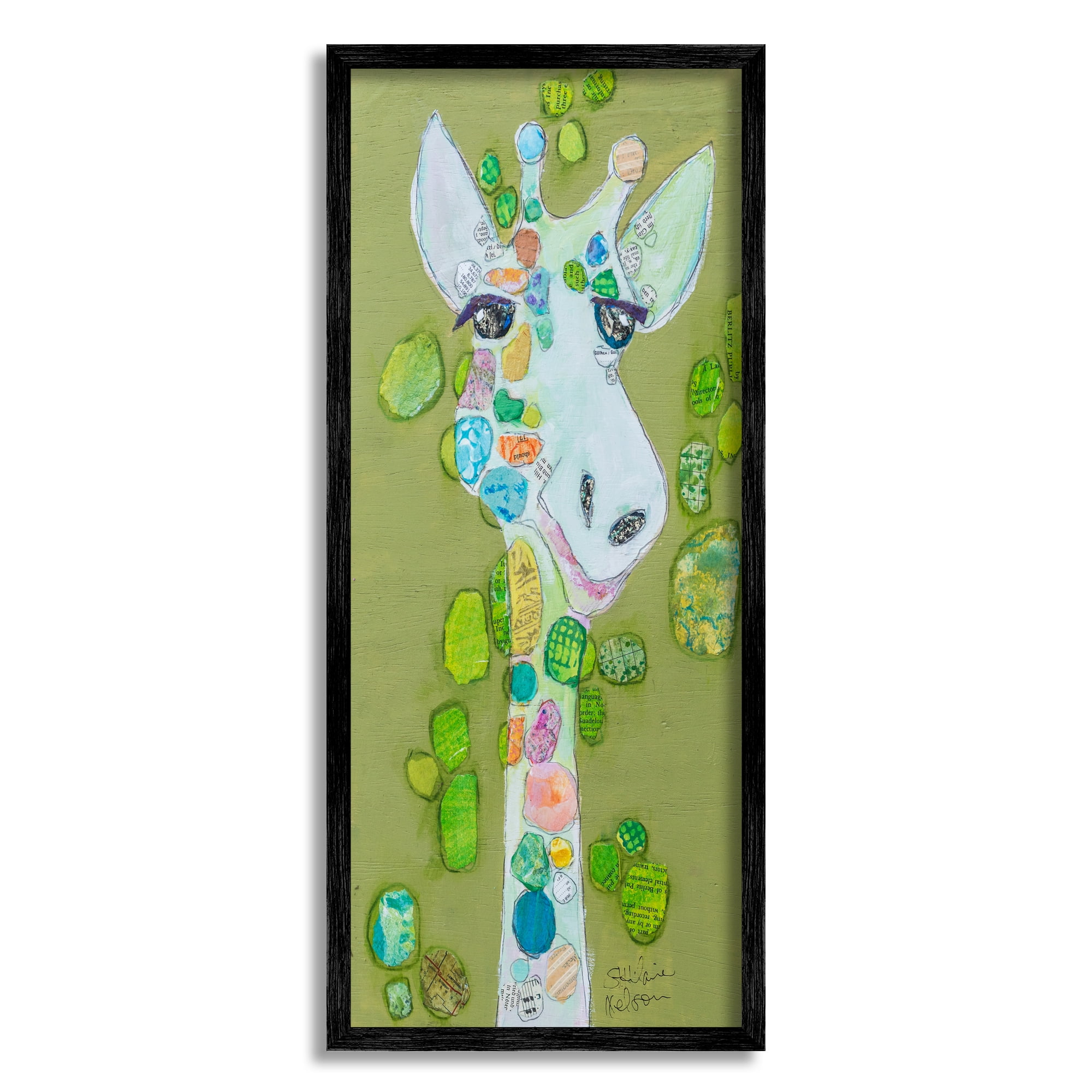 Stupell Industries Green Giraffe Collage Animals & Insects Painting Black Framed Art Print Wall Art, 13 x 30