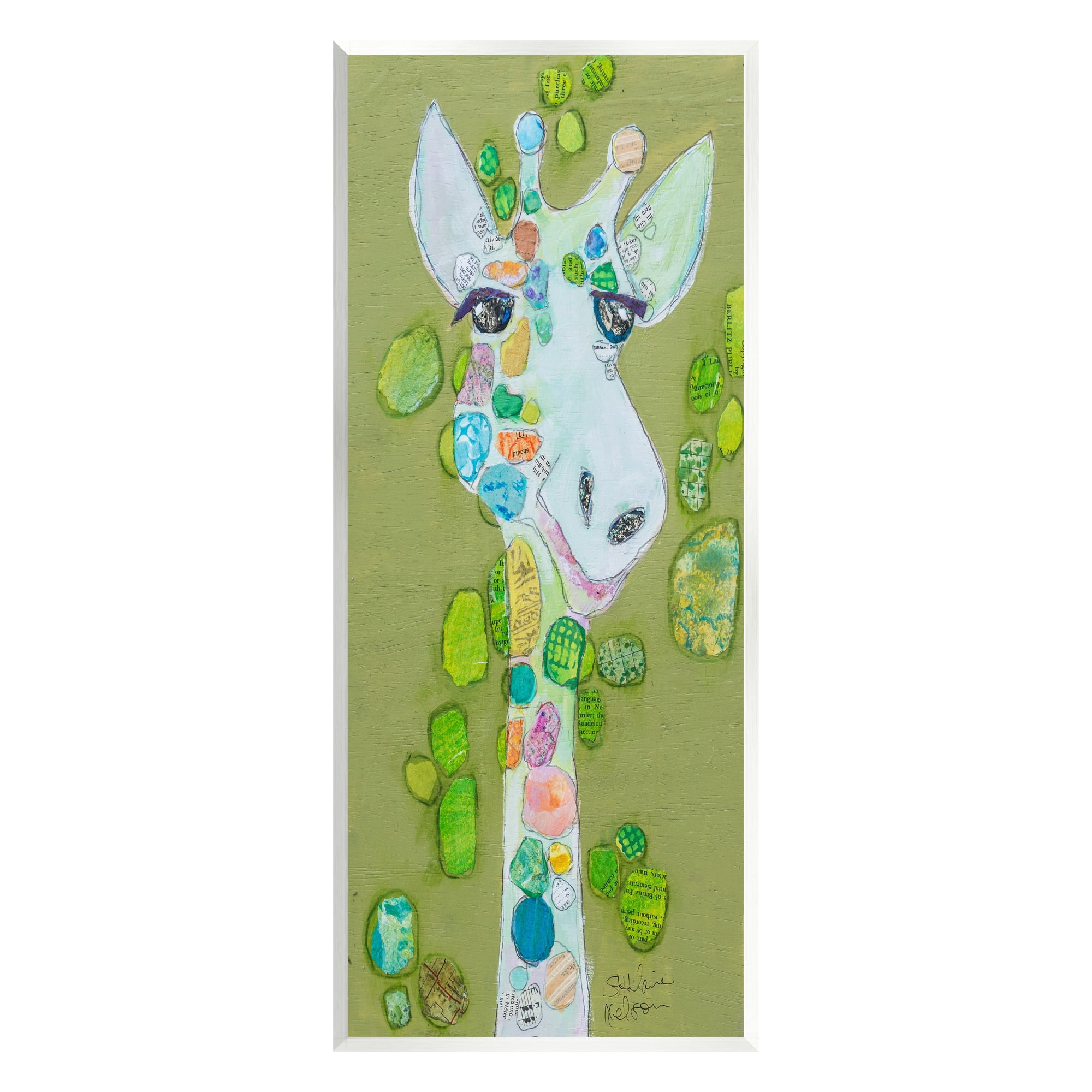 Stupell Industries Green Giraffe Collage Animals & Insects Painting Unframed Art Print Wall Art, 7 x 17
