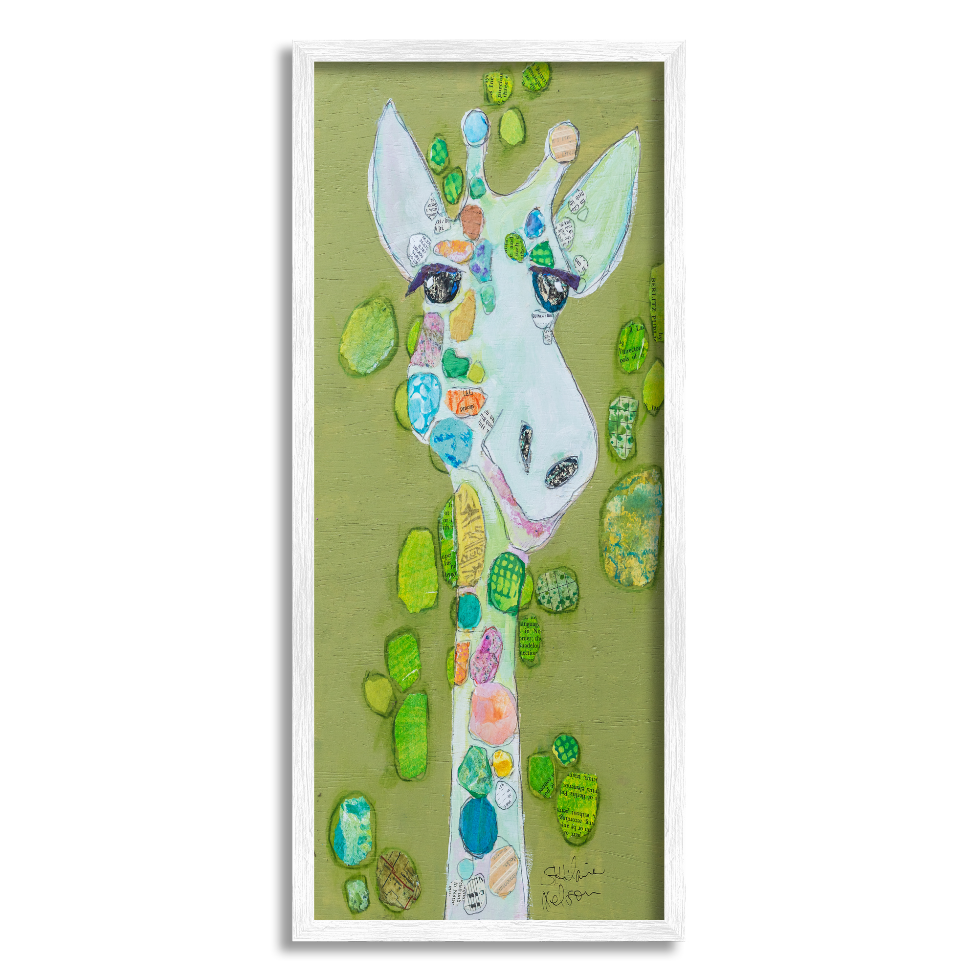 Stupell Industries Green Giraffe Collage Animals & Insects Painting White Framed Art Print Wall Art, 10 x 24