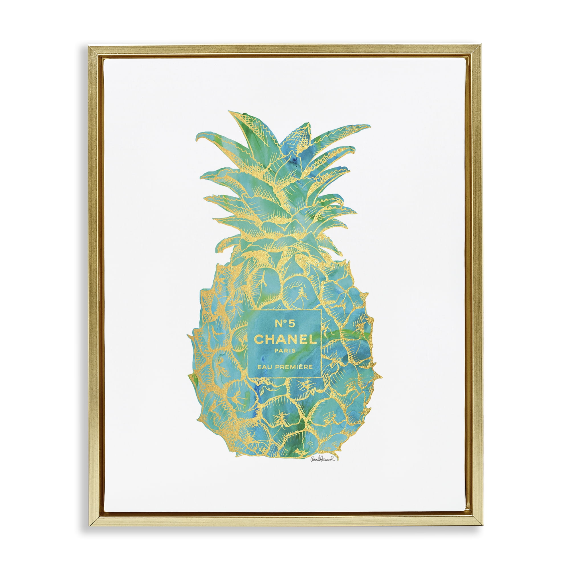 Stupell Industries Green Glam Brand Pineapple Food & Beverage Painting Gold Floater Framed Canvas Art Print Wall Art, 25 x 31