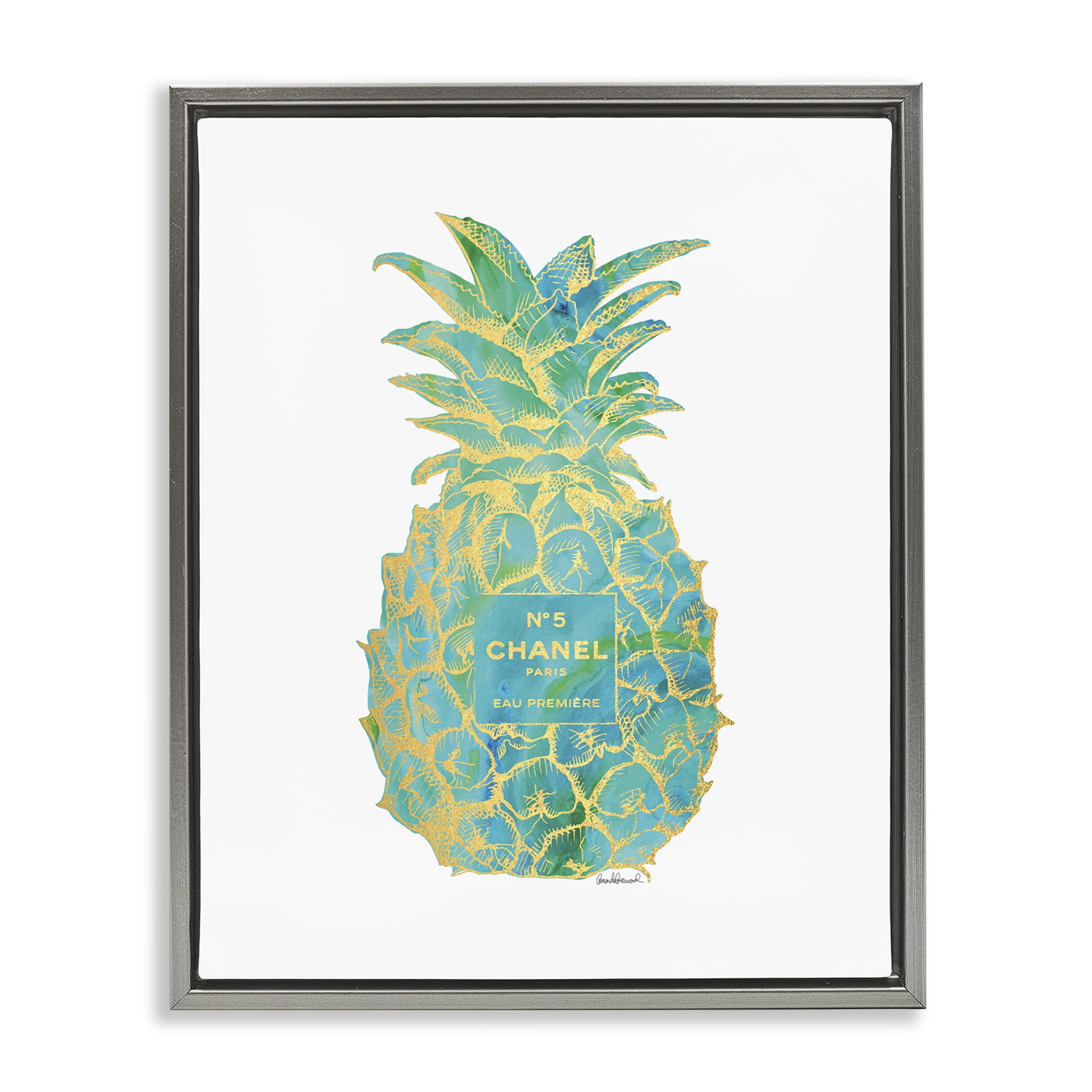 Stupell Industries Green Glam Brand Pineapple Food & Beverage Painting Gray Floater Framed Canvas Art Print Wall Art, 25 x 31