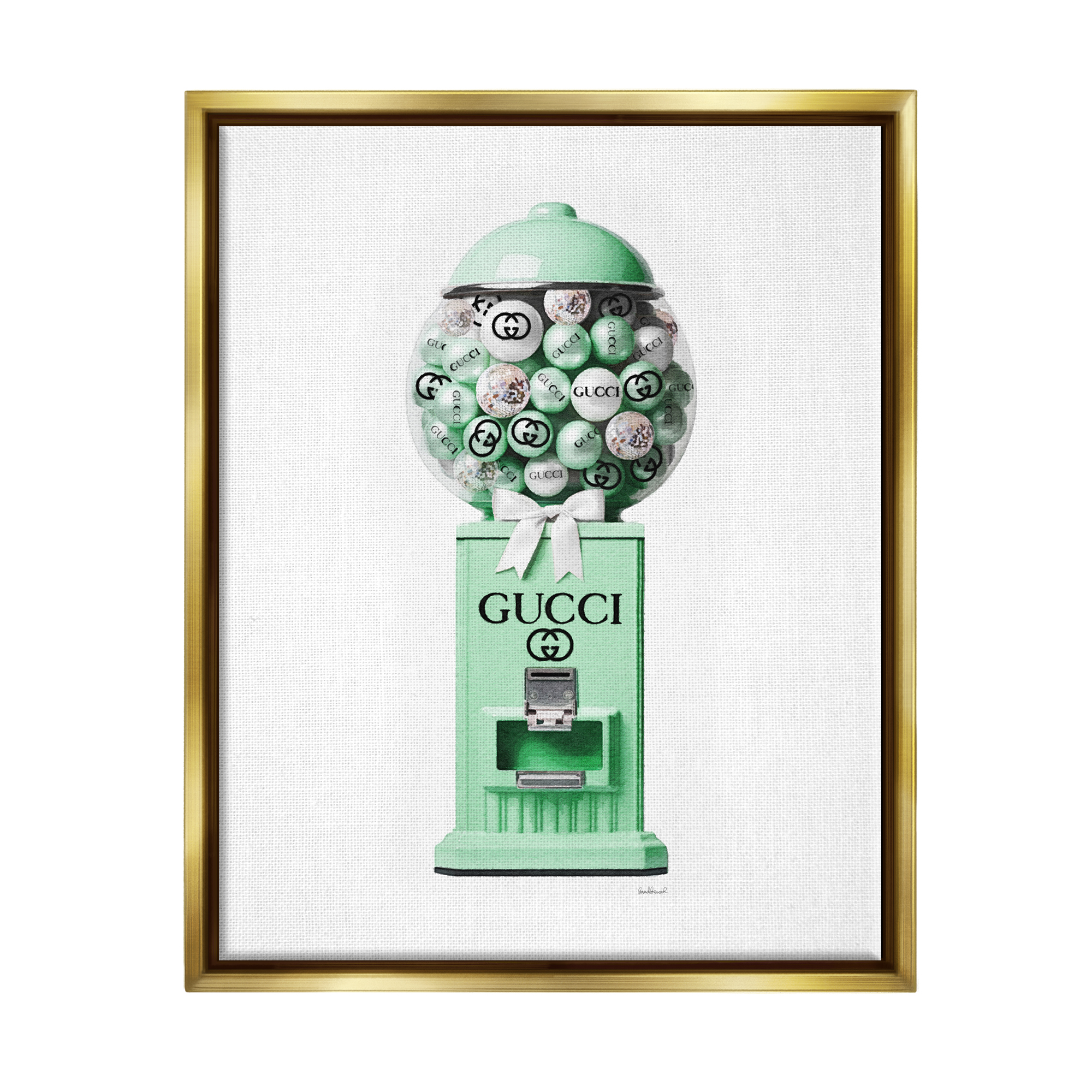 Stupell Industries Green Glam Gumball Machine Beauty & Fashion Painting Gold Floater Framed Canvas Art Print Wall Art, 17 x 21