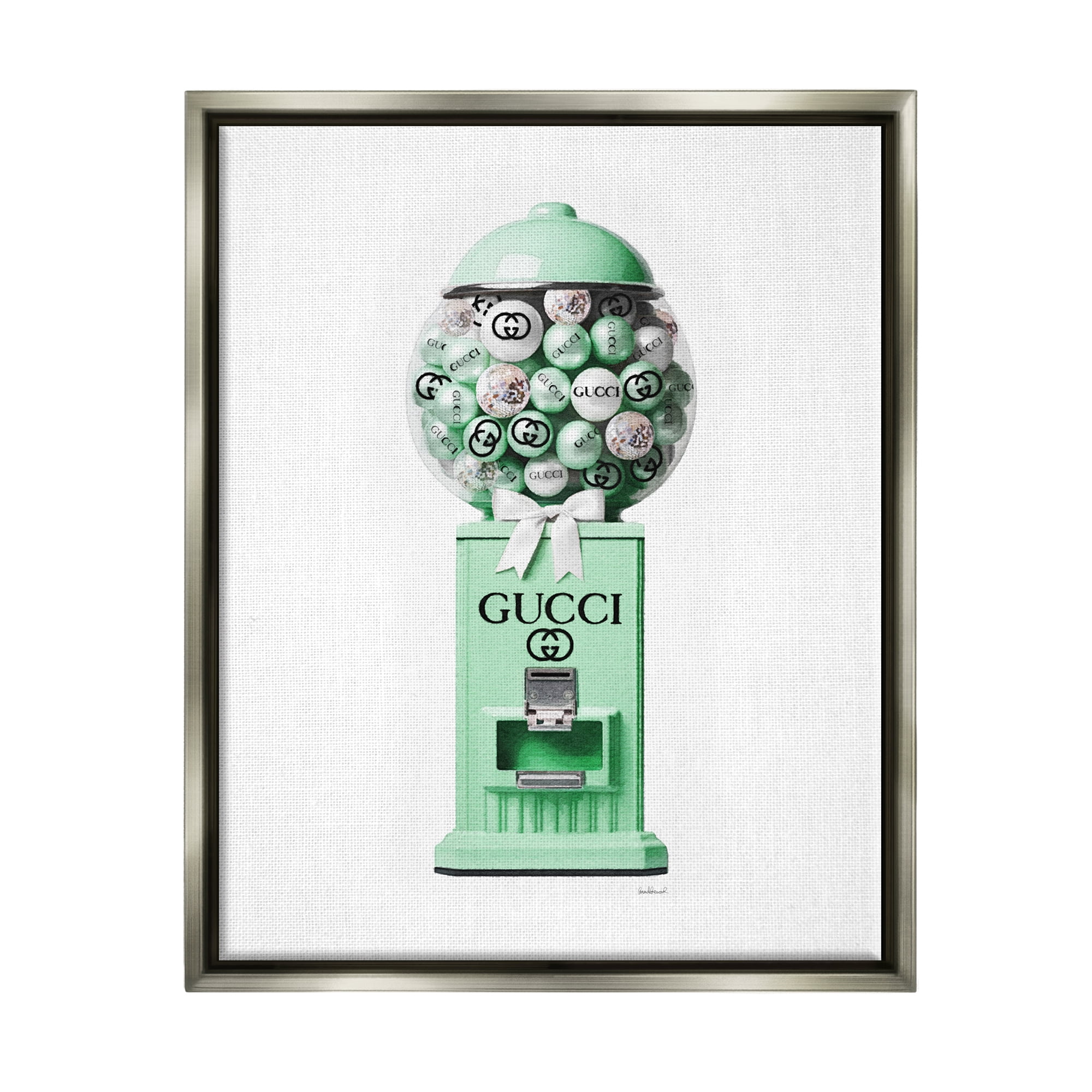 Stupell Industries Green Glam Gumball Machine Beauty & Fashion Painting Gray Floater Framed Canvas Art Print Wall Art, 17 x 21
