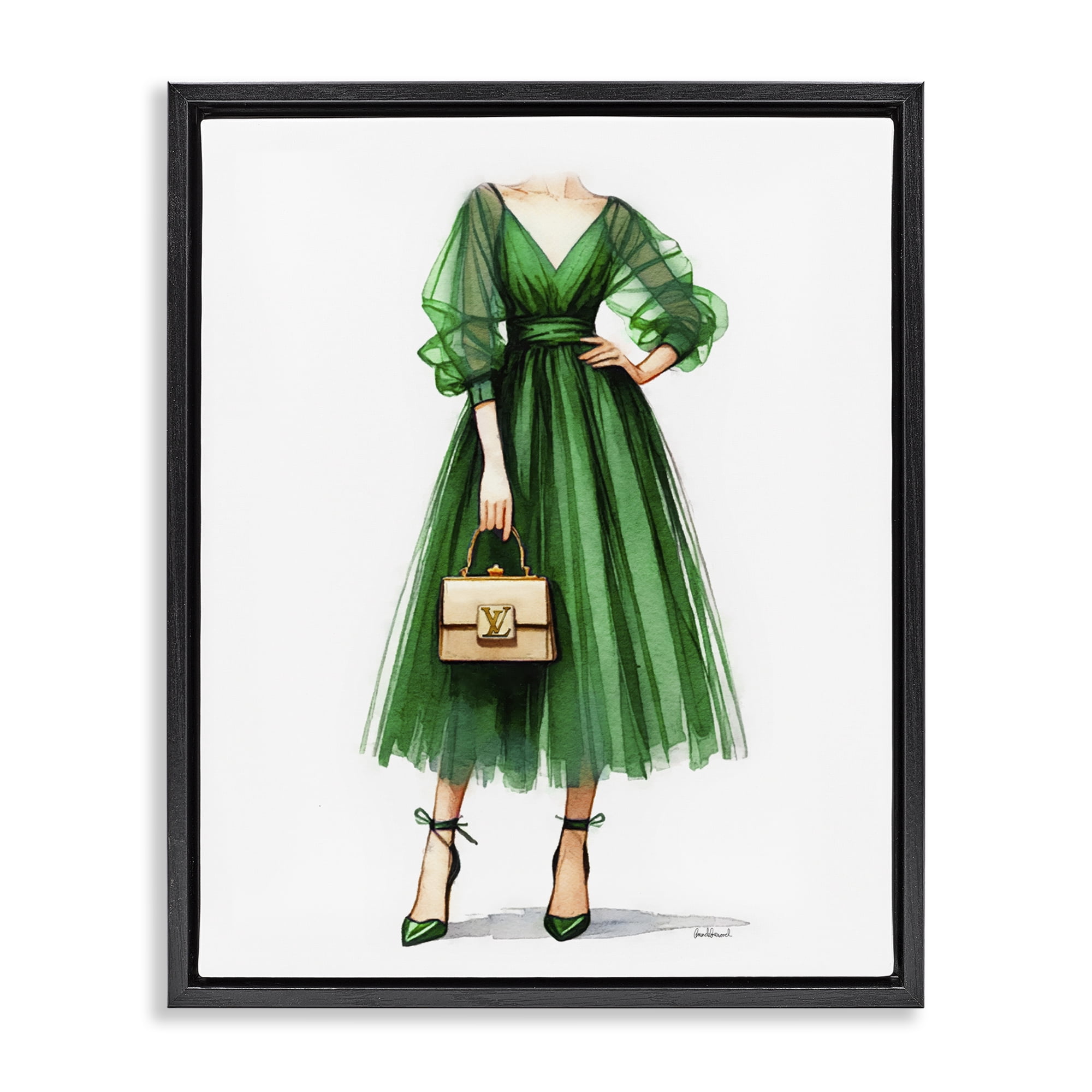 Stupell Industries Green Gown Fashion Girl Fashion Painting Black Floater Framed Canvas Art Print Wall Art, 17 x 21