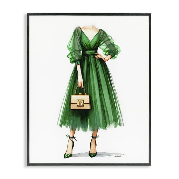 Stupell Industries Green Gown Fashion Girl Fashion Painting Black Framed Art Print Wall Art, 11 x 14