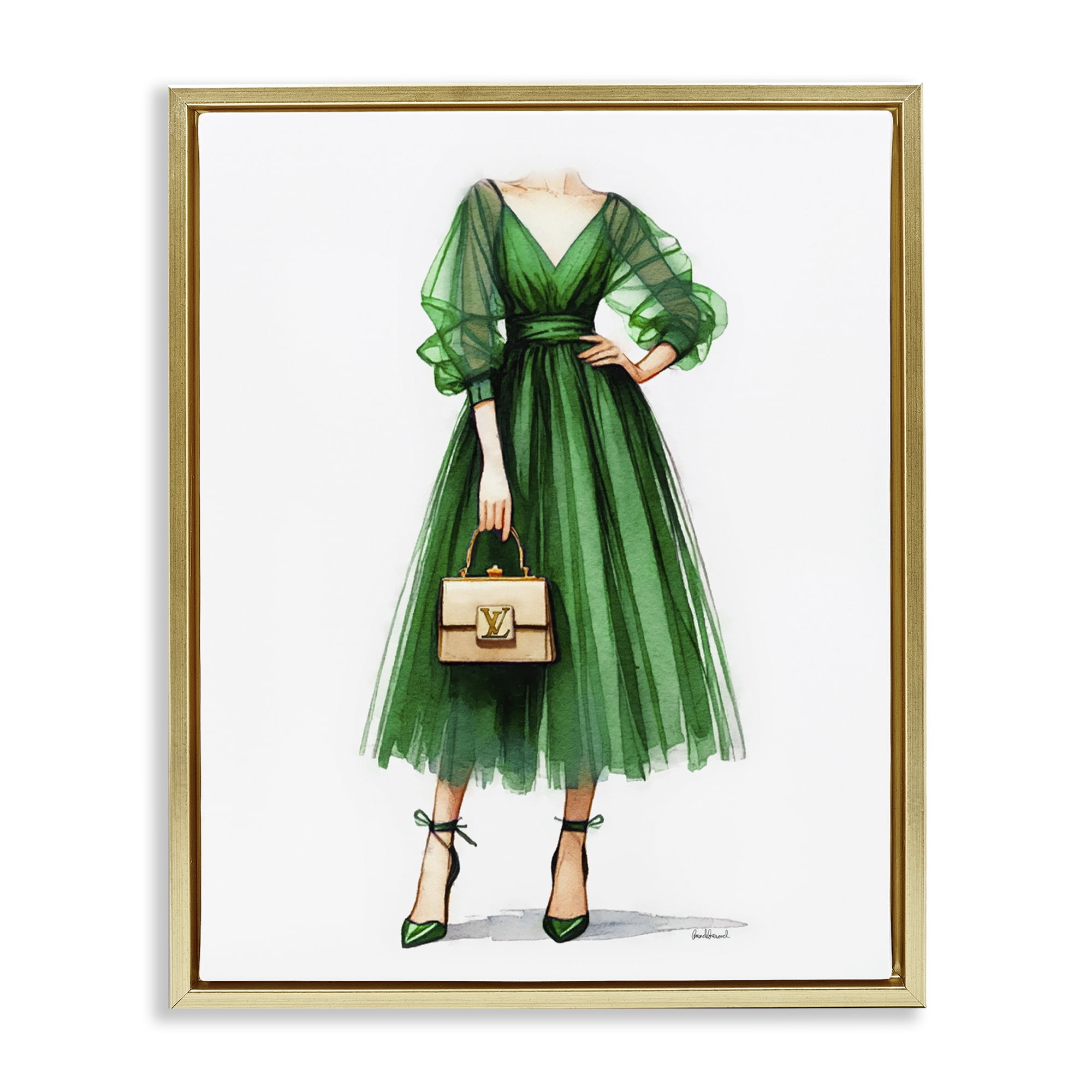 Stupell Industries Green Gown Fashion Girl Fashion Painting Gold Floater Framed Canvas Art Print Wall Art, 25 x 31