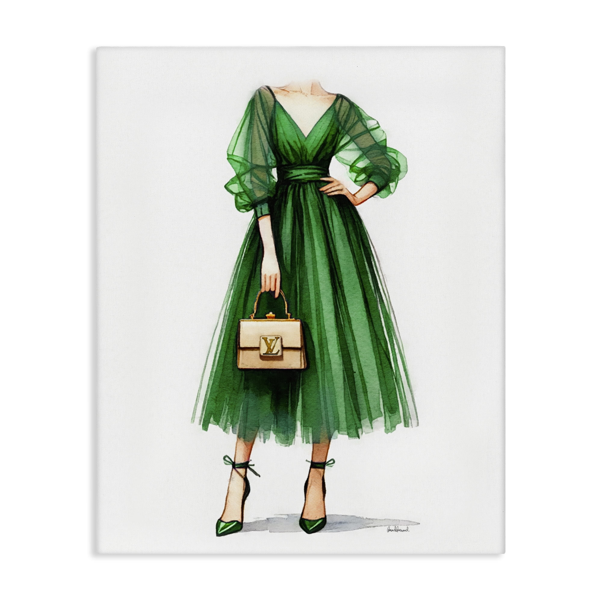 Stupell Industries Green Gown Fashion Girl Fashion Painting Wrapped Canvas Art Print Wall Art, 30 x 40