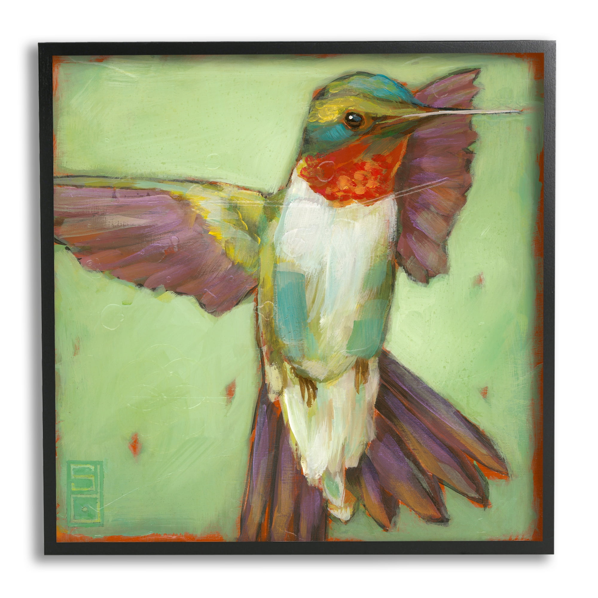 Stupell Industries Green Hummingbird Flying Animals & Insects Painting Black Framed Art Print Wall Art, 12 x 12