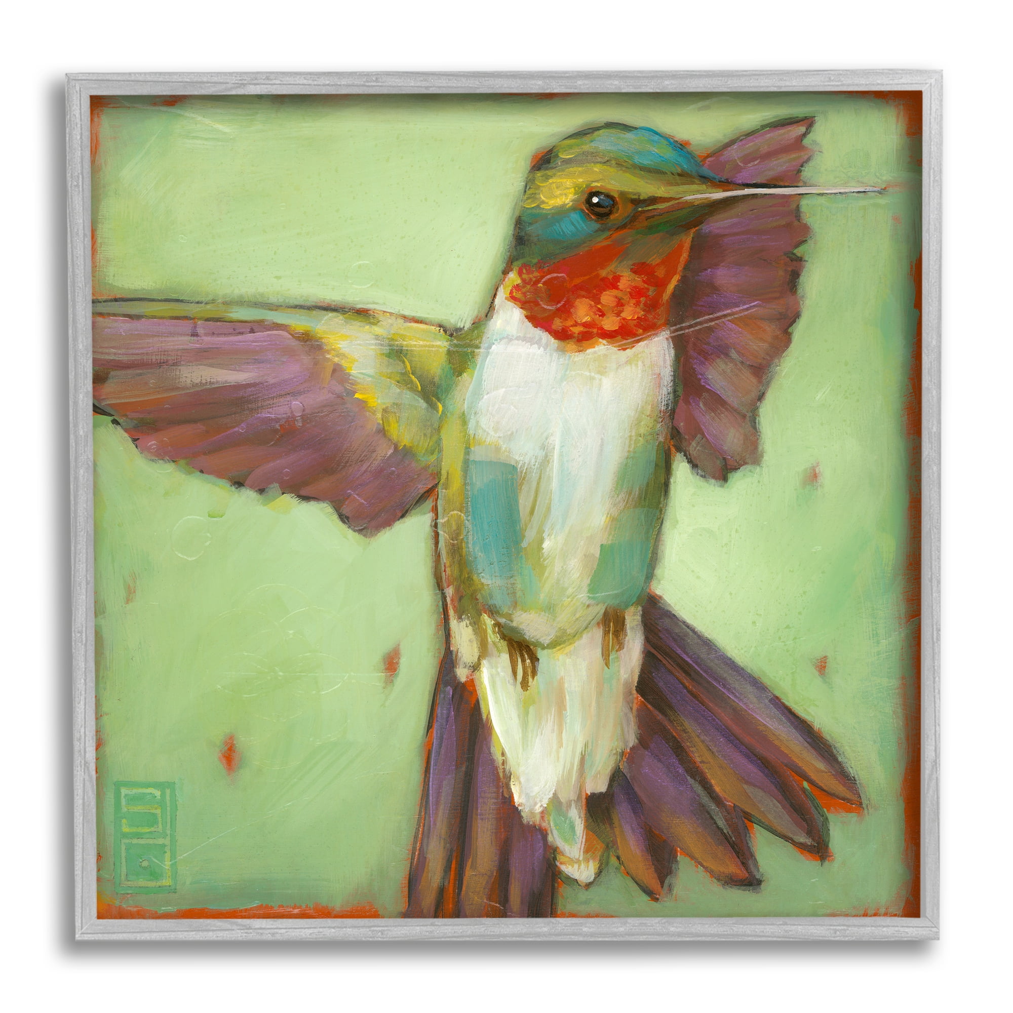 Stupell Industries Green Hummingbird Flying Animals & Insects Painting Gray Framed Art Print Wall Art, 12 x 12