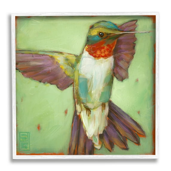 Stupell Industries Green Hummingbird Flying Animals & Insects Painting White Framed Art Print Wall Art, 17 x 17