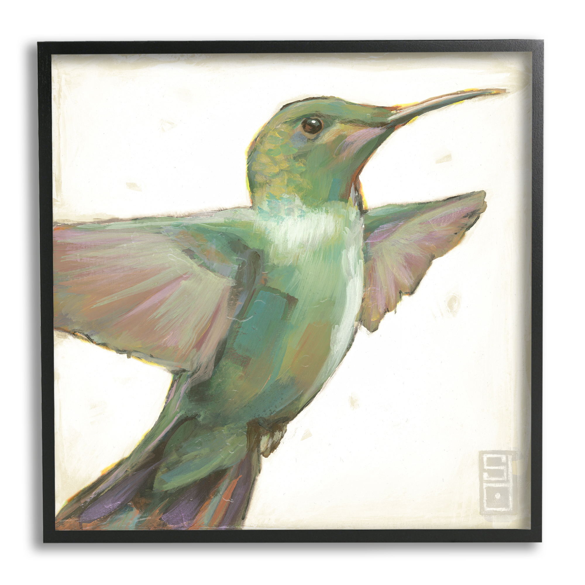 Stupell Industries Green Hummingbird Painting Animals & Insects Painting Black Framed Art Print Wall Art, 17 x 17