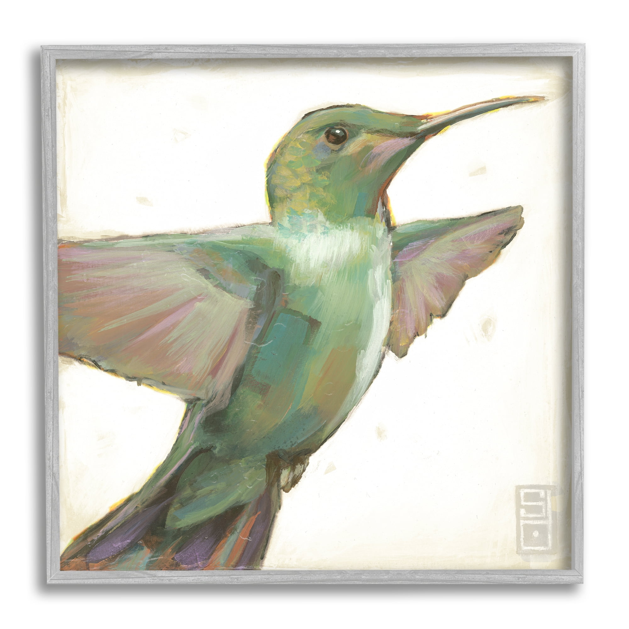Stupell Industries Green Hummingbird Painting Animals & Insects Painting Gray Framed Art Print Wall Art, 24 x 24