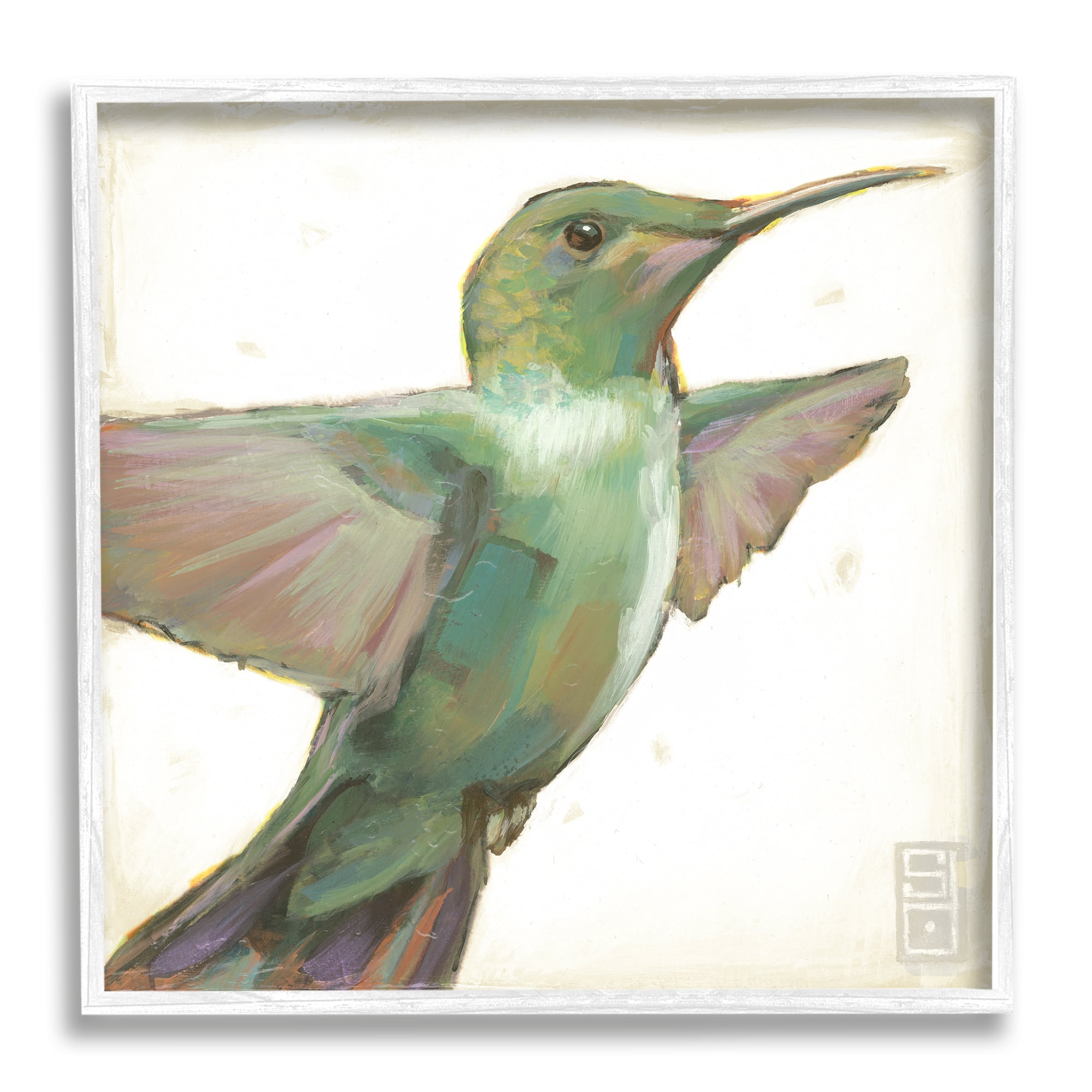 Stupell Industries Green Hummingbird Painting Animals & Insects Painting White Framed Art Print Wall Art, 17 x 17