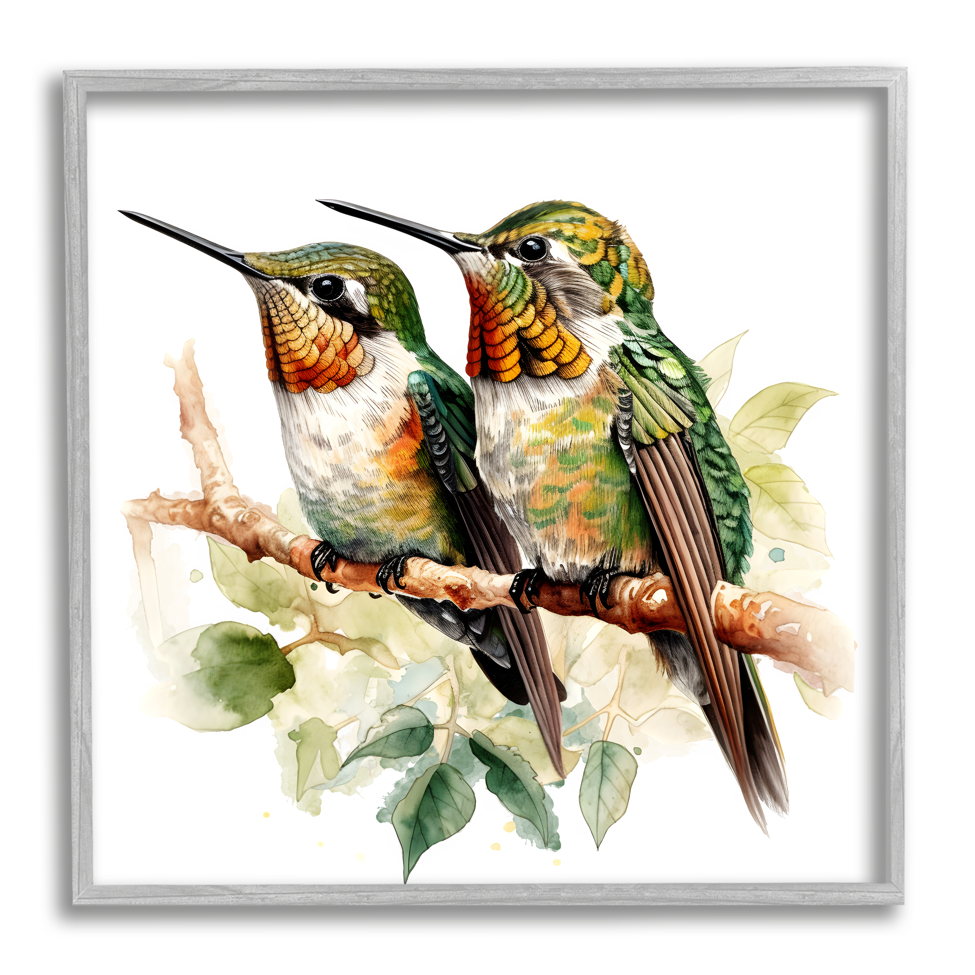 Stupell Industries Green Hummingbirds Duo Animals & Insects Painting Gray Framed Art Print Wall Art, 17 x 17